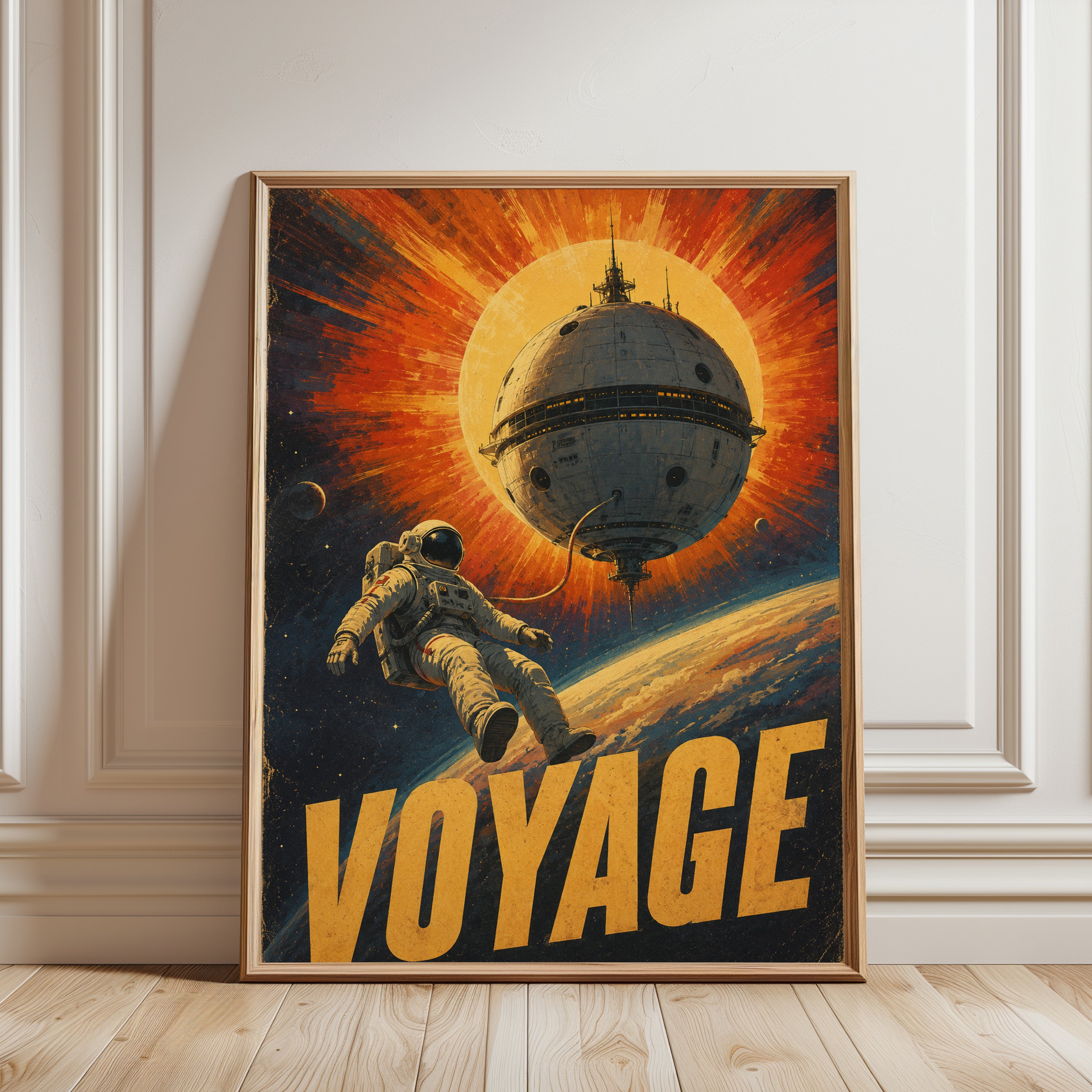 Space Travel Poster – Retro Astronaut Print - framed detail