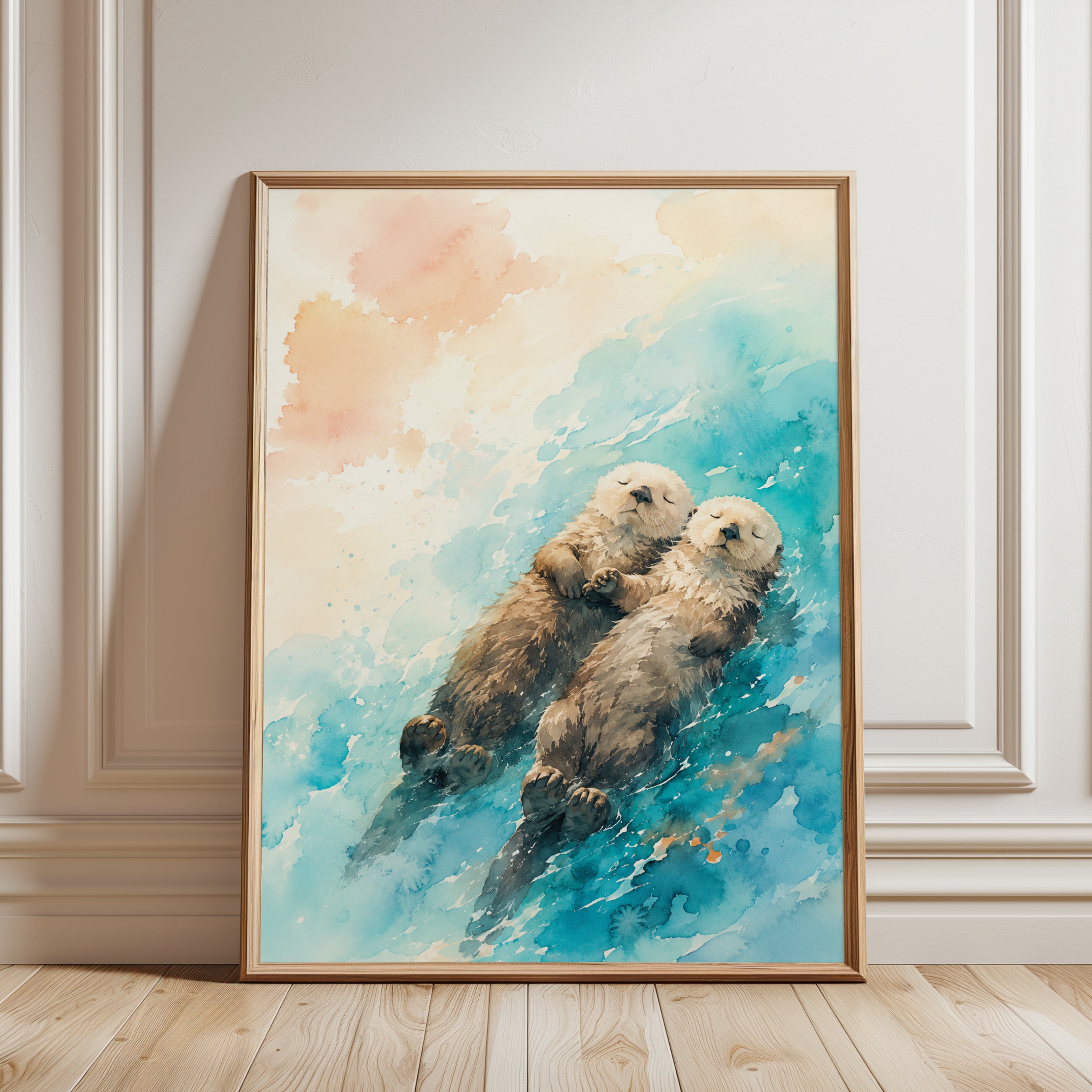 Otters Holding Hands Art Print: Watercolor Aqua and Peach - framed detail