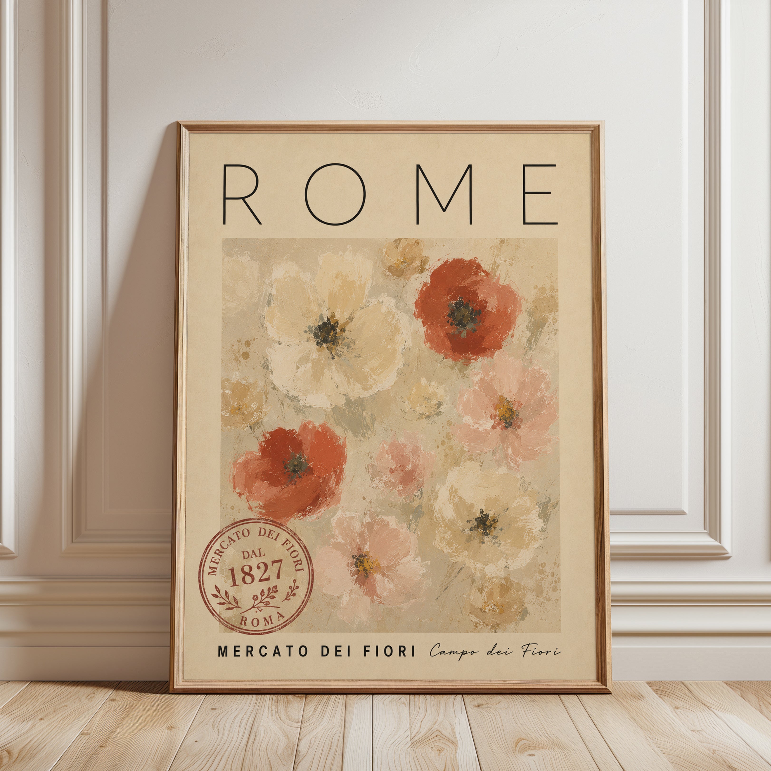 Rome Travel Poster – Vintage Floral Wall Art - framed detail