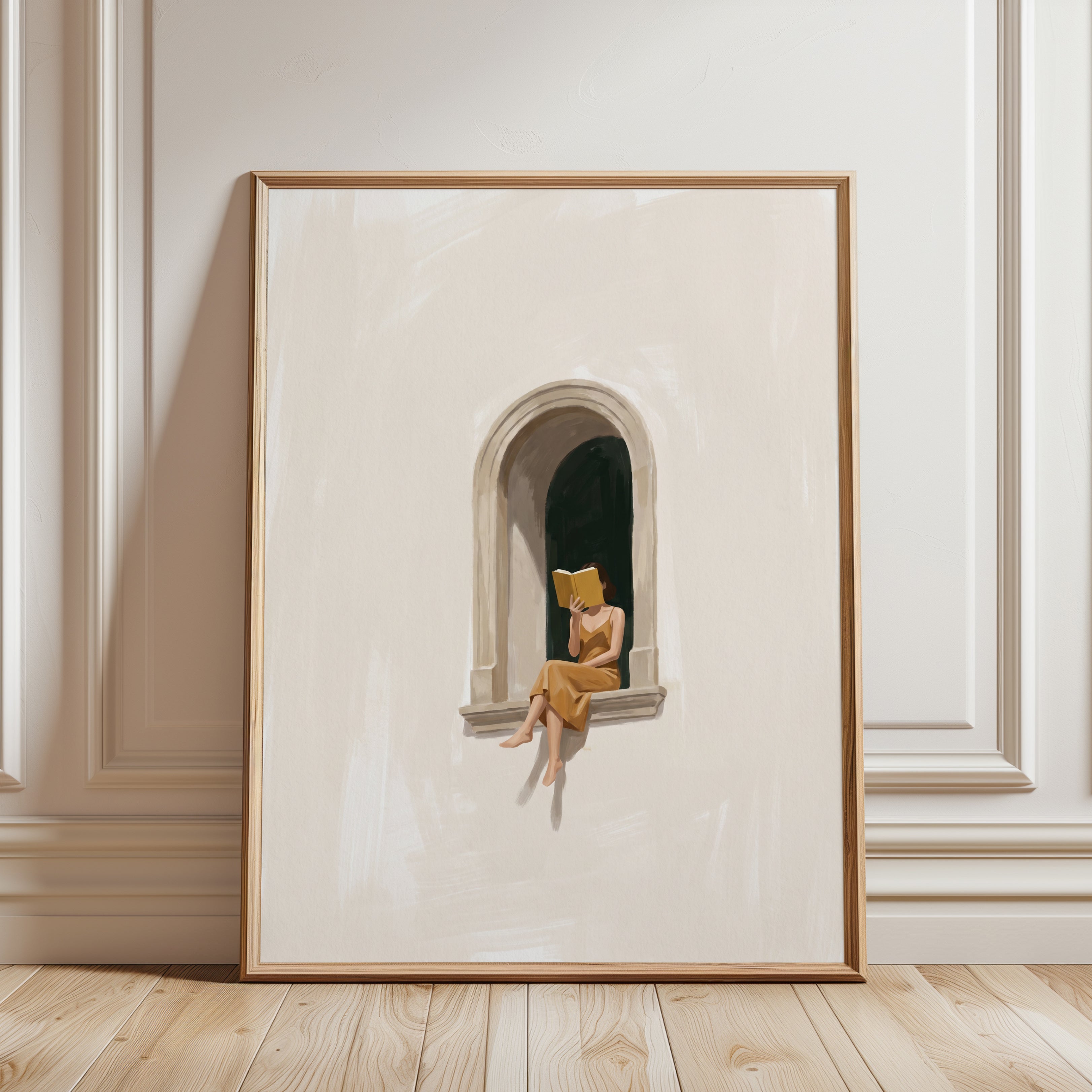 Figurative Wall Art: Woman Reading in Window - framed detail