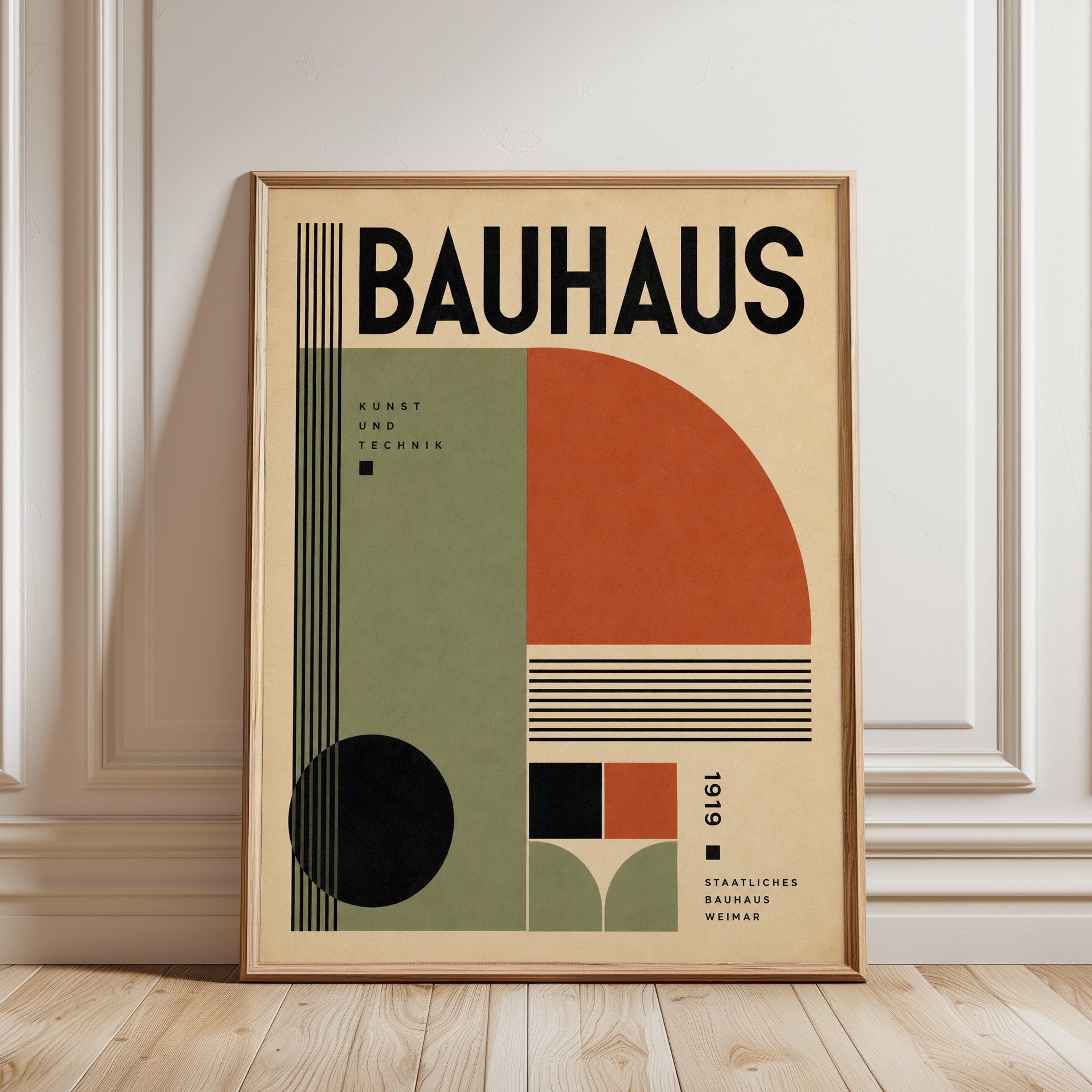 Bauhaus Geometric Poster: Modernist Design with Red and Sage Green - framed detail