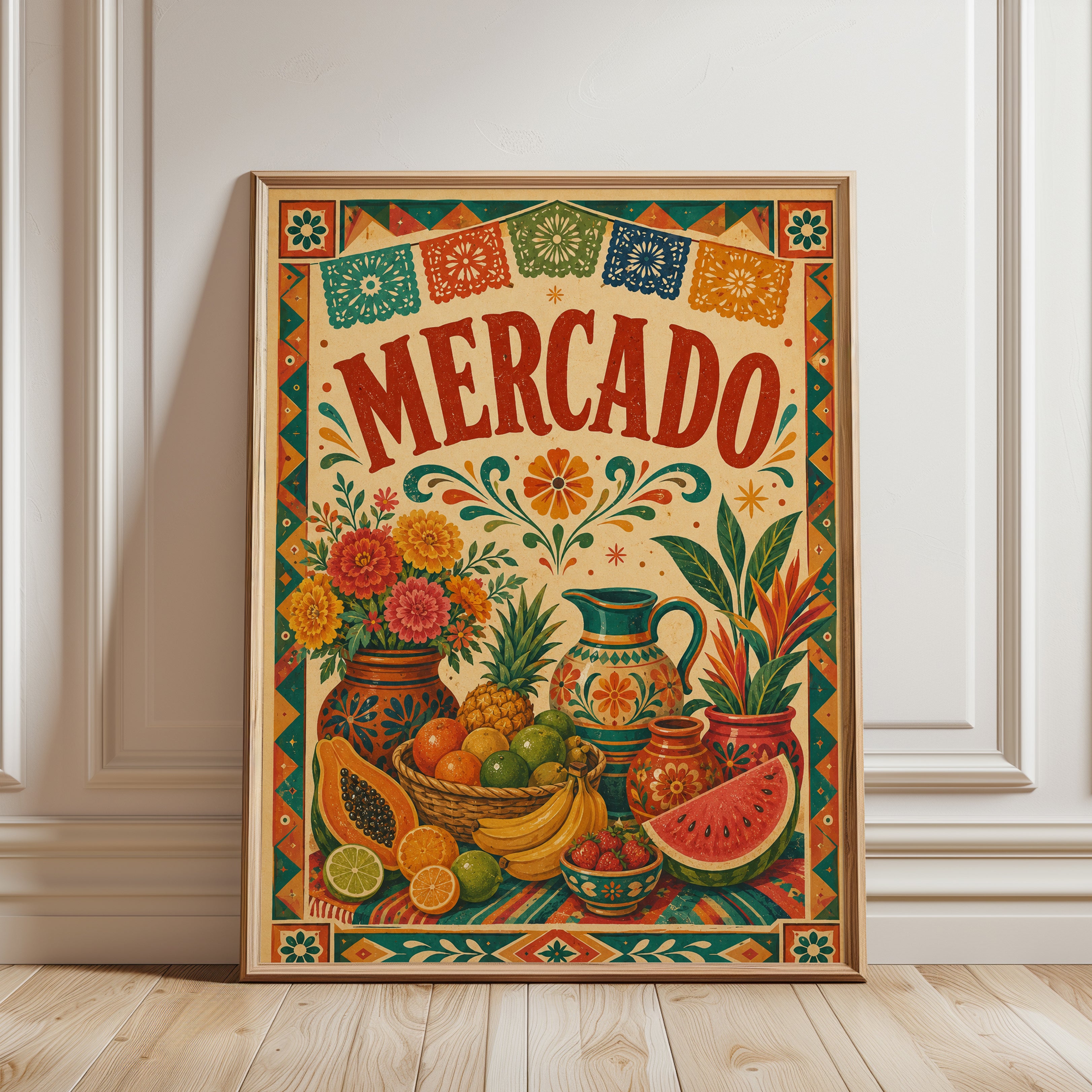 Folk Art Market Poster: Mexican Mercado Print - framed detail