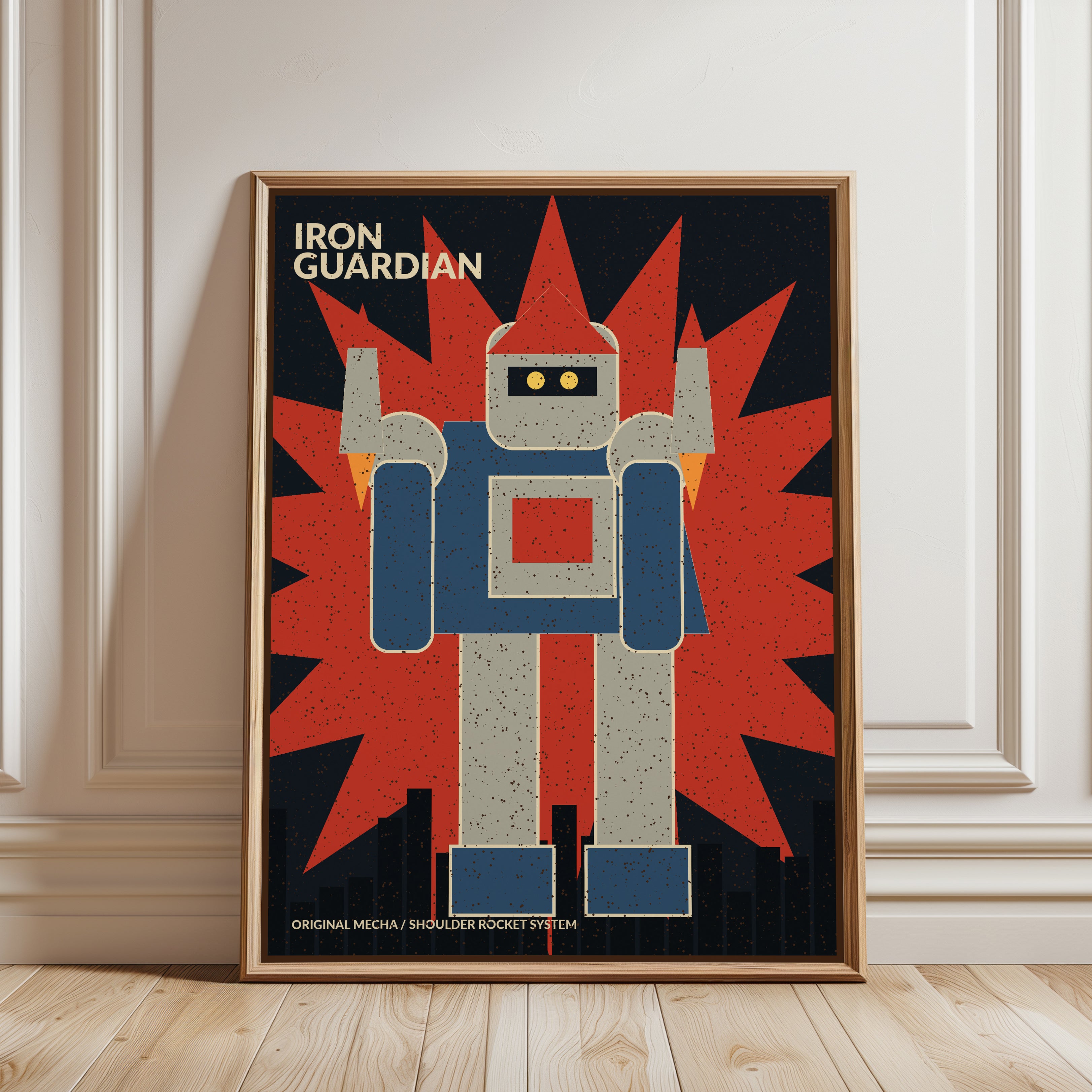 Iron Guardian Robot Poster: Retro Mecha Art Print - framed detail
