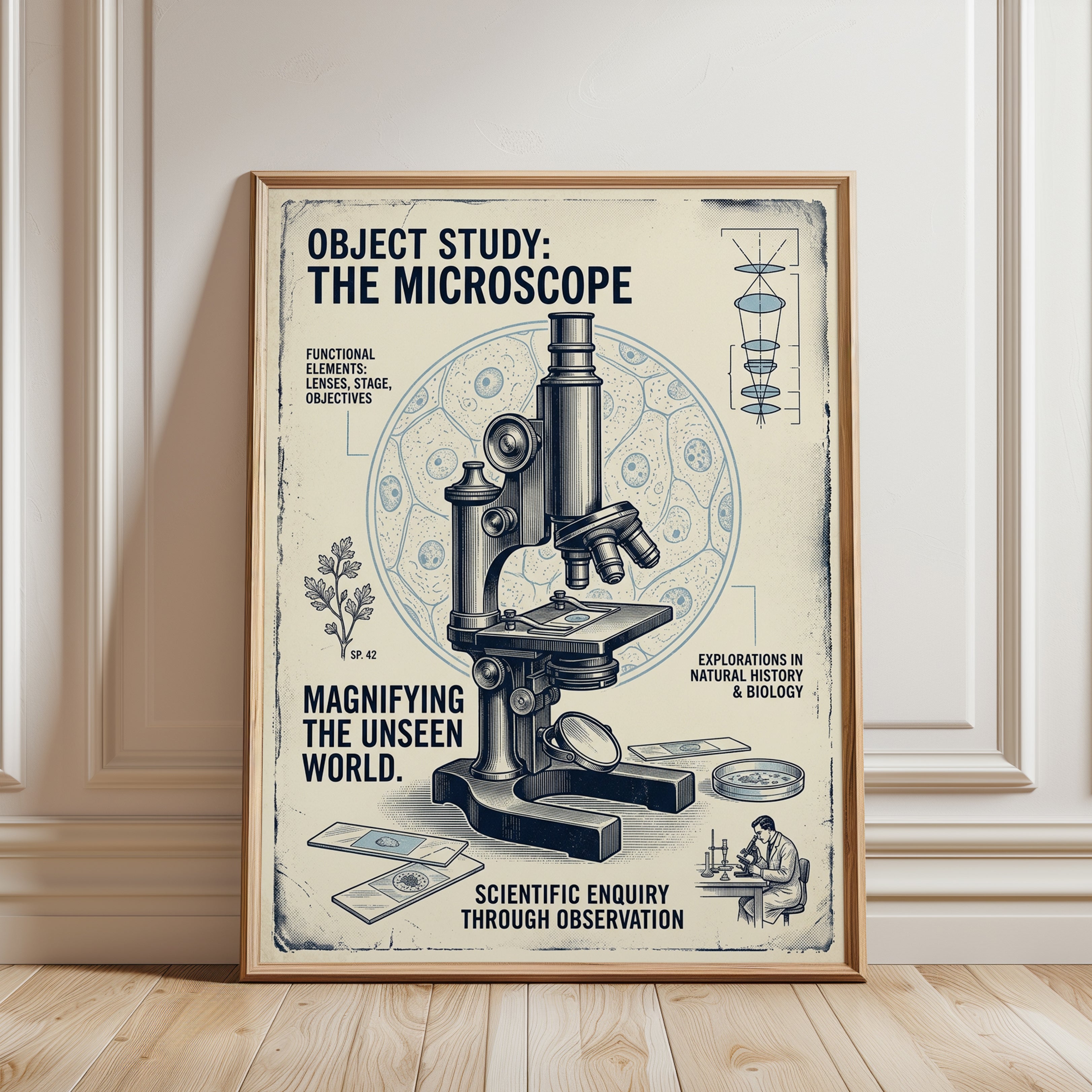 Vintage Microscope Poster: Scientific Biology Educational Art Print - framed detail