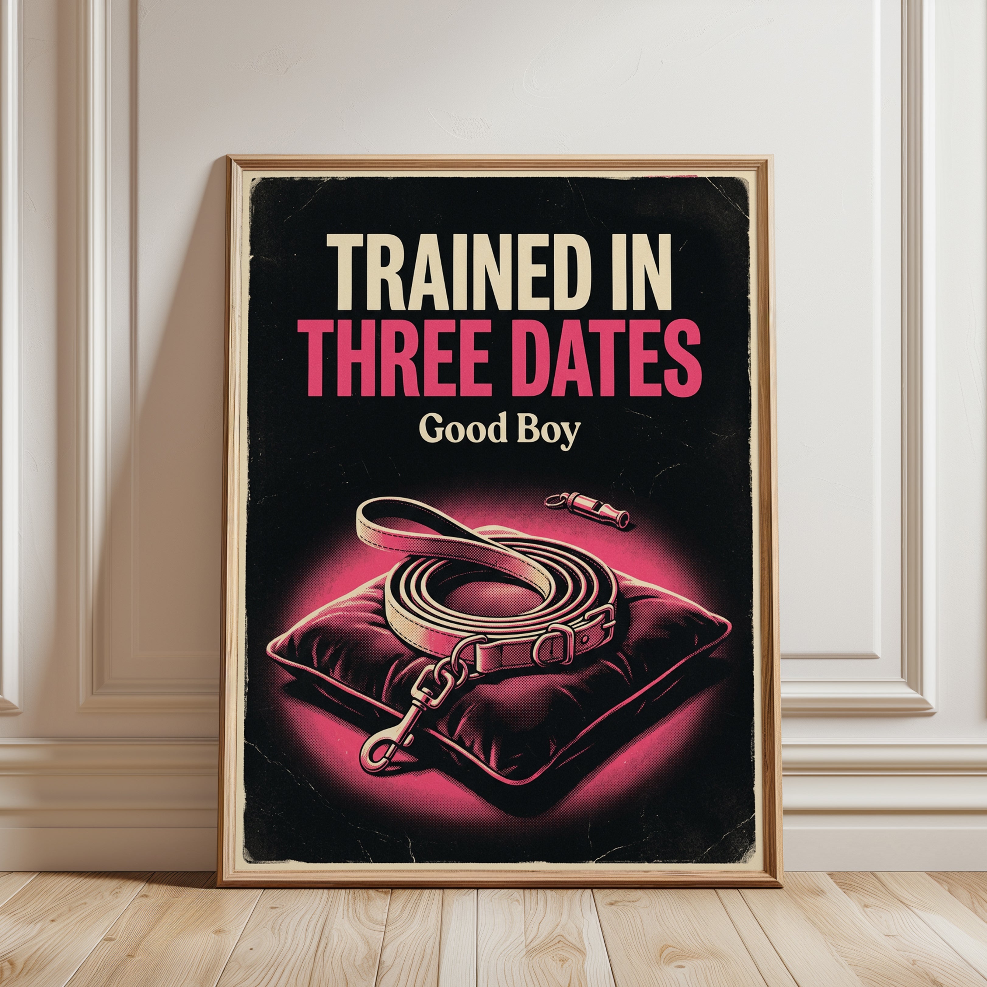 Vintage Dog Training Poster: Retro Pink and Black Wall Art - framed detail
