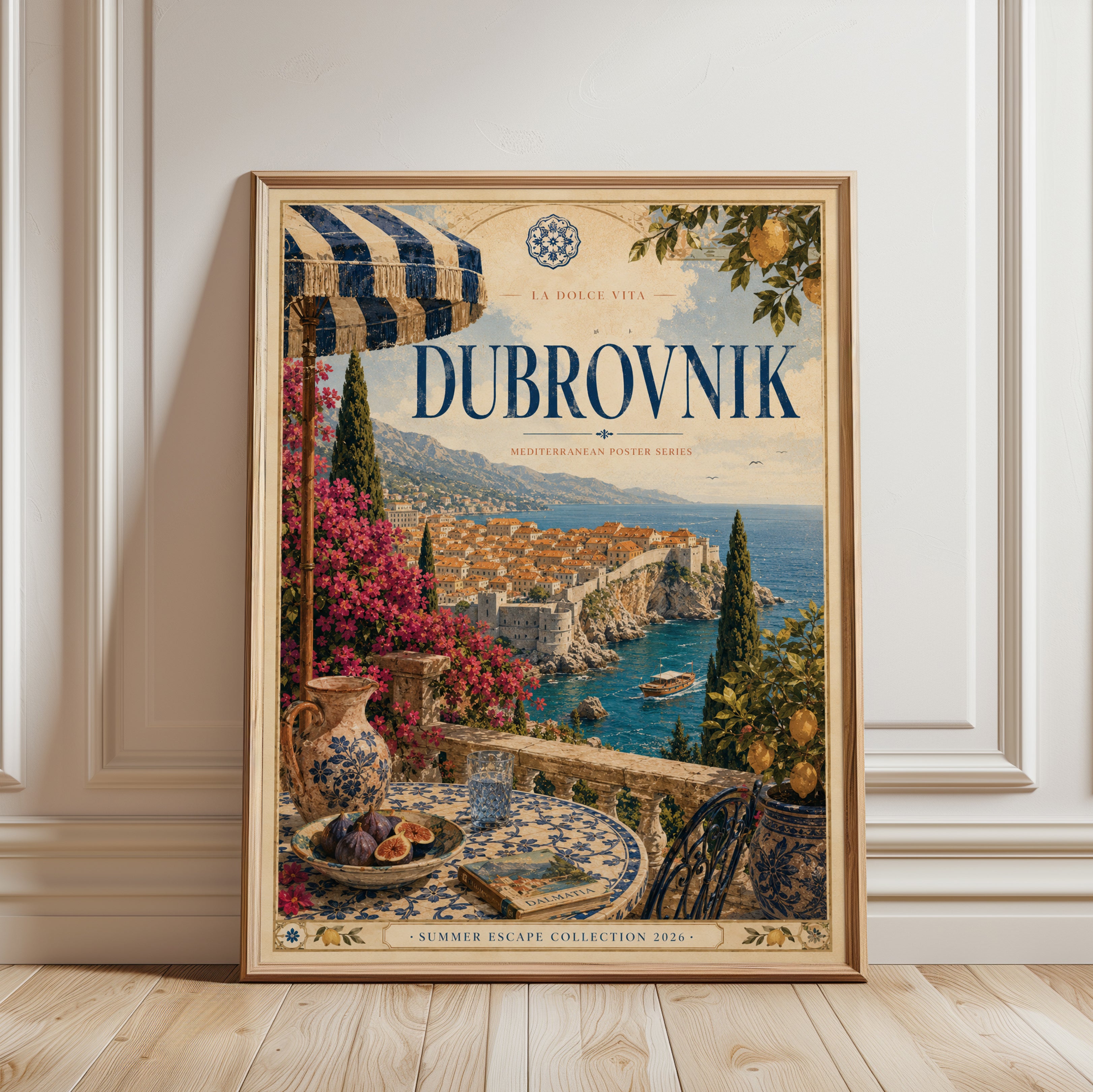Dubrovnik Travel Poster — Vintage Mediterranean Coastal Print - framed detail