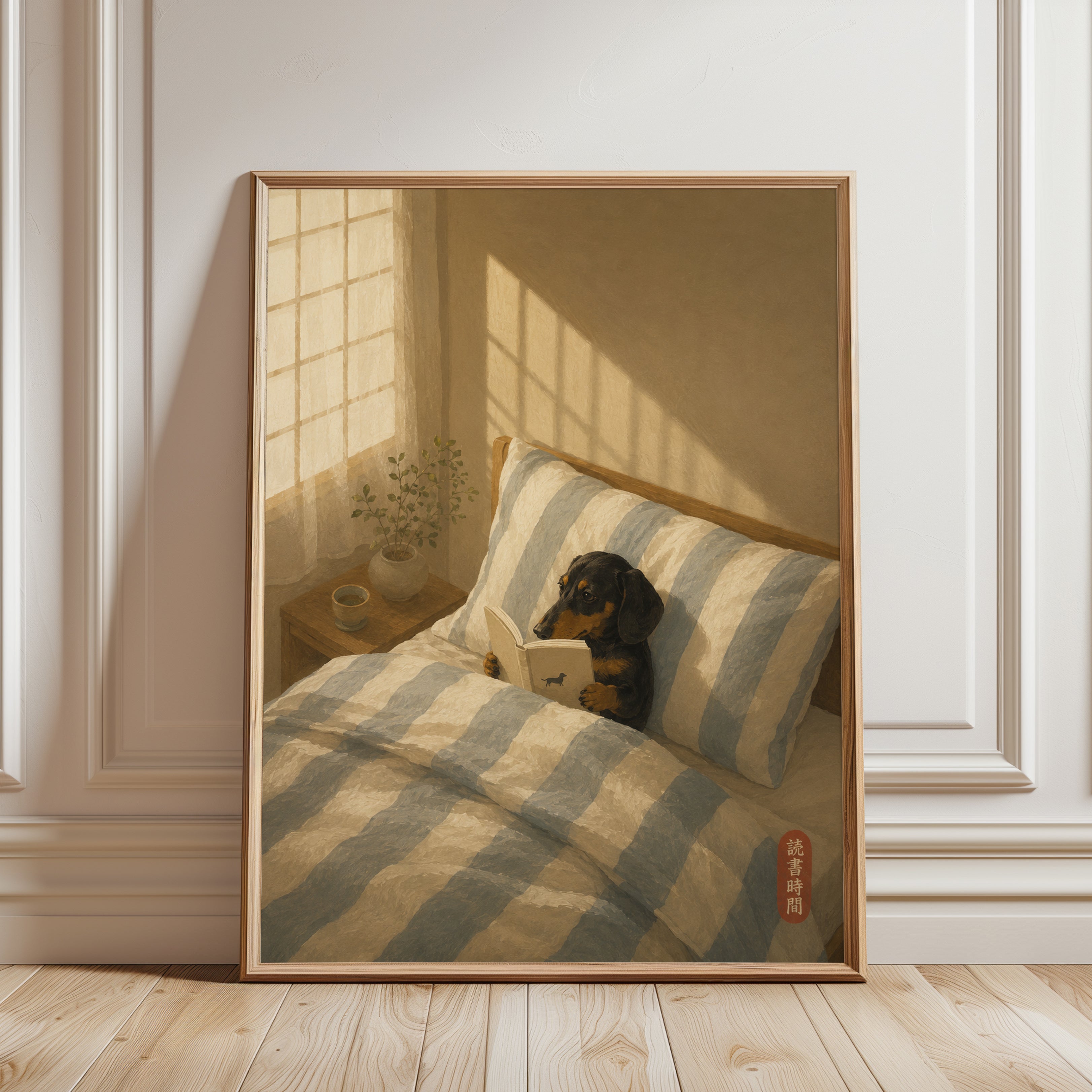 Dachshund Reading Wall Art – Dog Bedroom Decor - framed detail