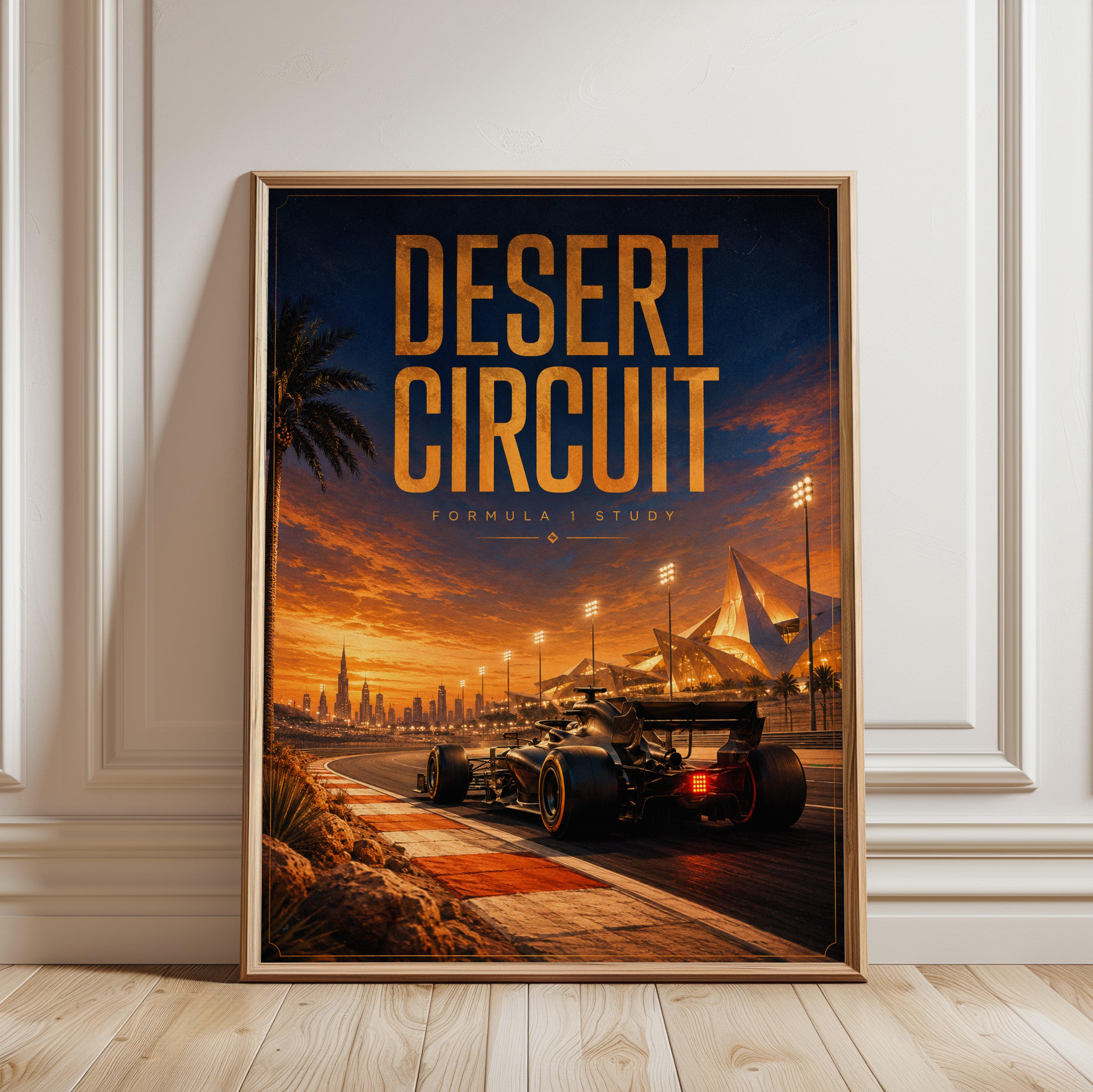 Desert Circuit Formula 1 Poster: Sunset Racing Wall Art - framed detail