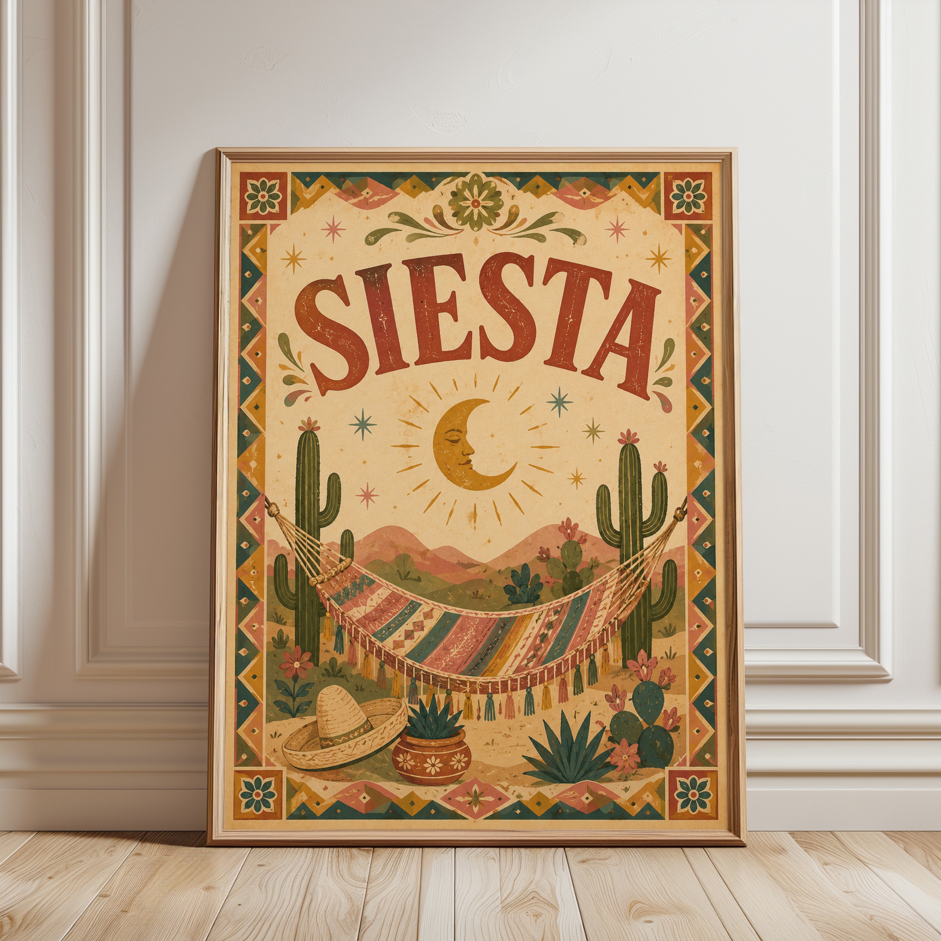 Siesta Print: Bohemian Mexican Desert Art (Living Room or Bedroom) - framed detail