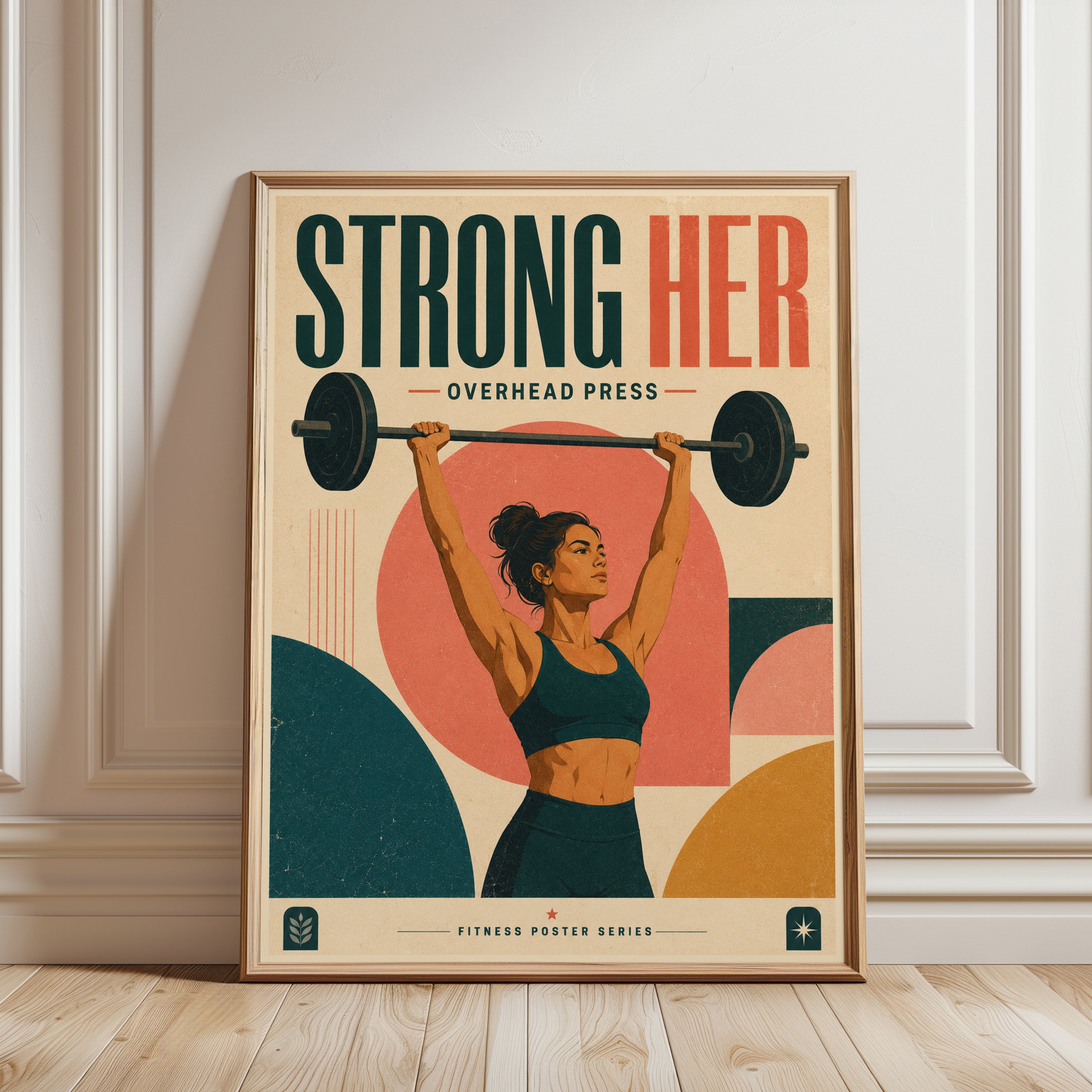 Strong Her Overhead Press: Retro Fitness Poster Art Print - framed detail