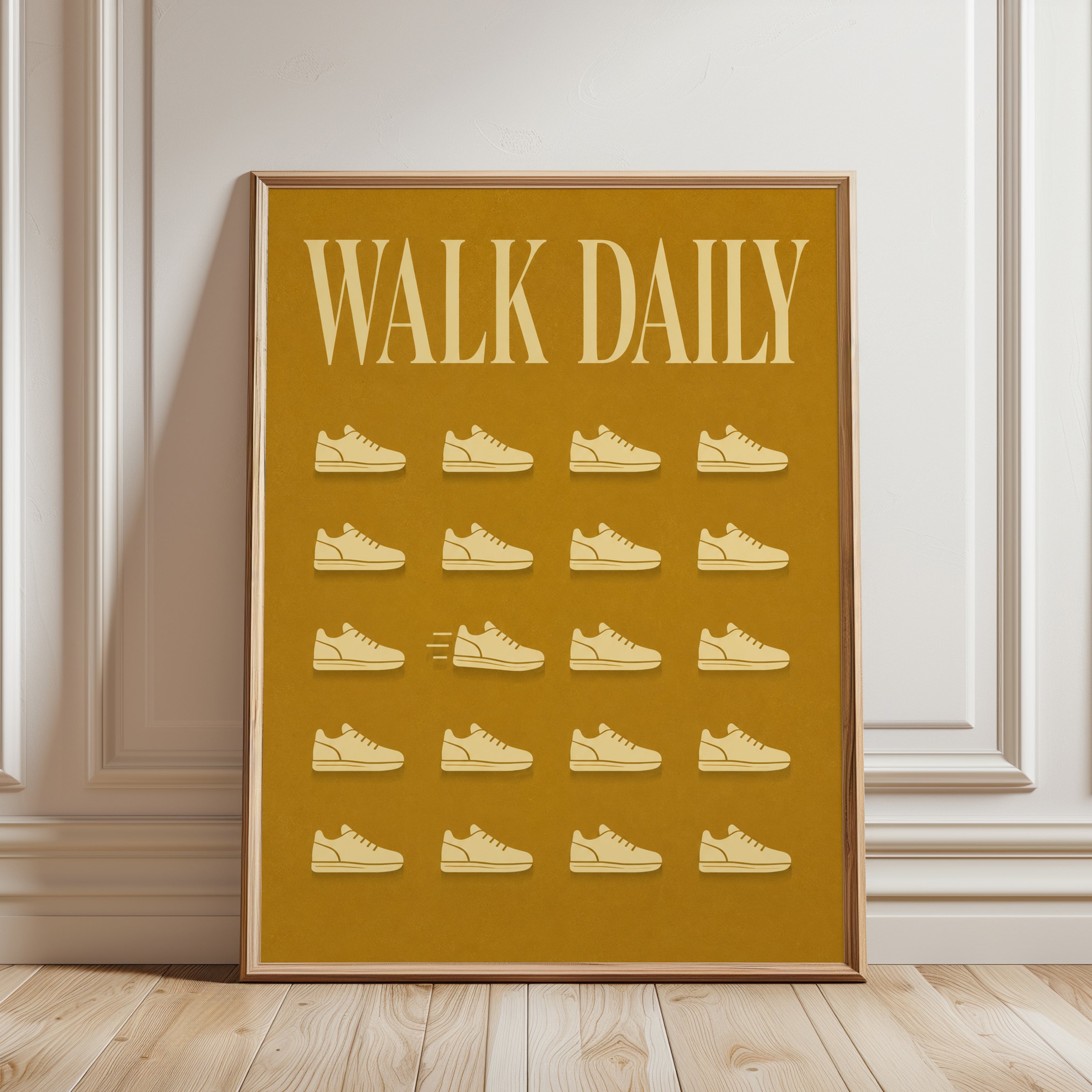Motivational Fitness Print: Retro Sneakers on Mustard Yellow - framed detail