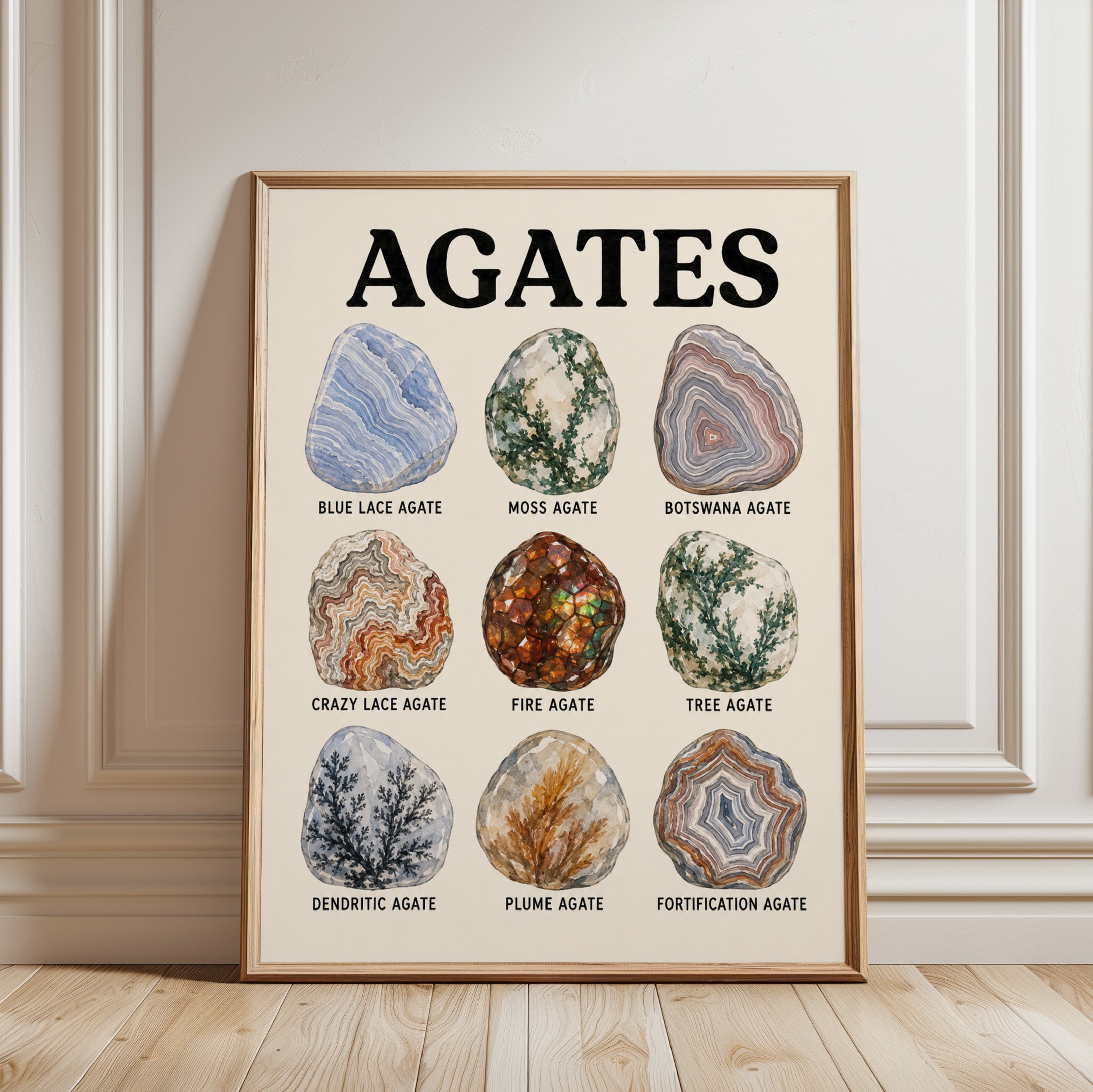 Agate Chart Art Print — Vintage Educational Mineral Poster - framed detail
