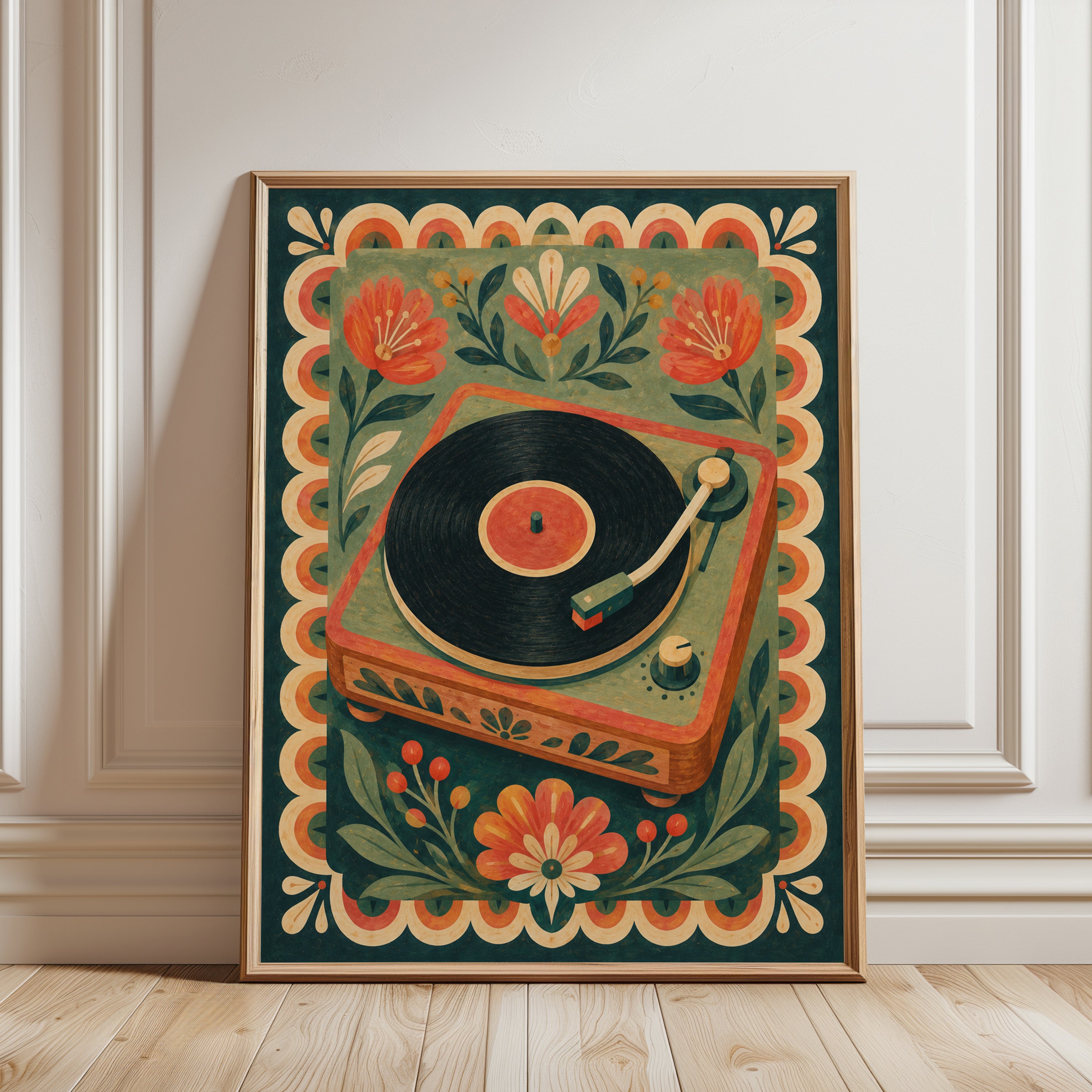 Folk Art Record Player – Retro Vinyl Wall Art - framed detail
