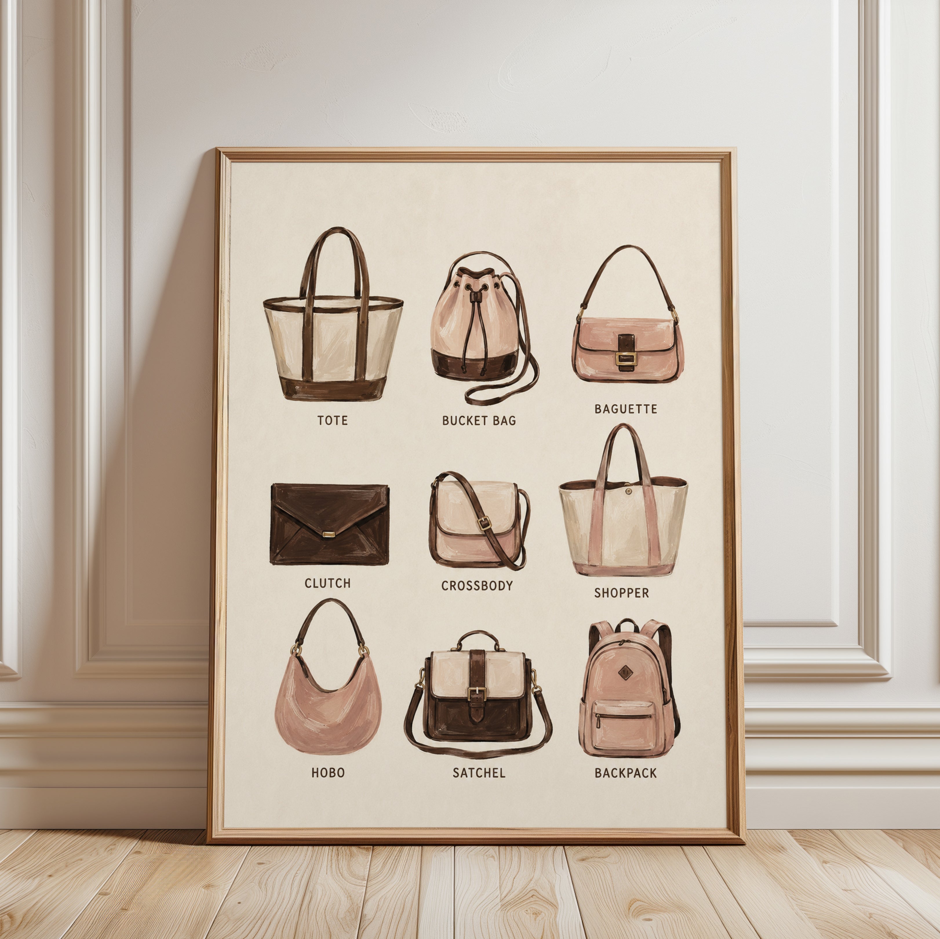 Handbag Collection Guide Art Print: Watercolor Fashion Illustration - framed detail