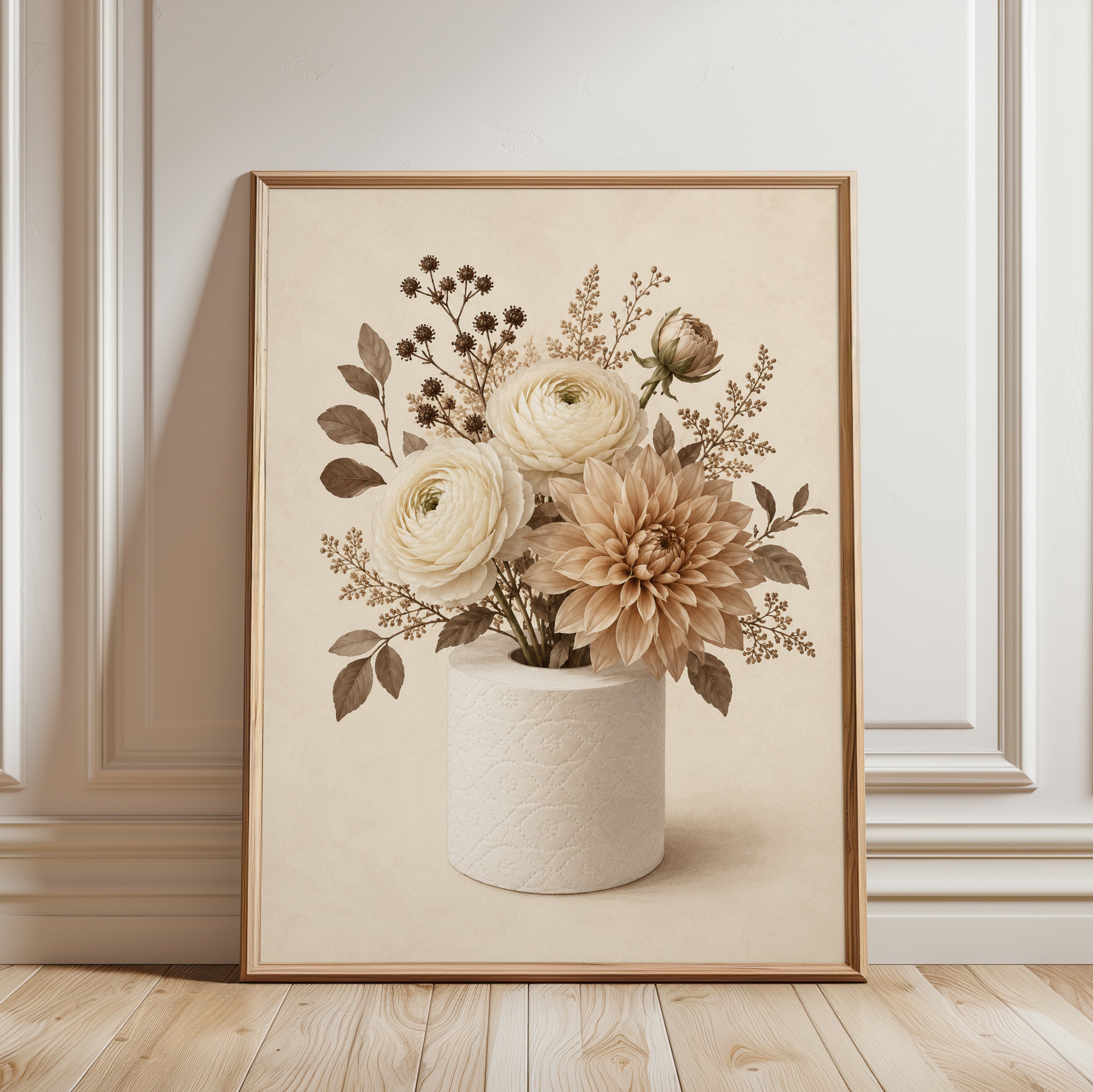 Neutral Floral Arrangement Art Print: Beige Dahlia and Ranunculus - framed detail