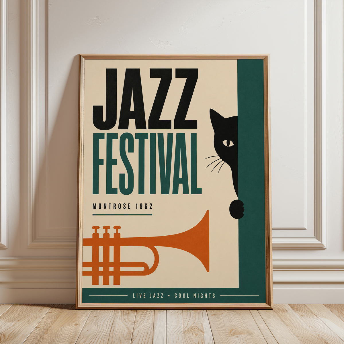 Jazz Festival Cat Poster: Retro 1962 Montrose Music Art Print - framed detail