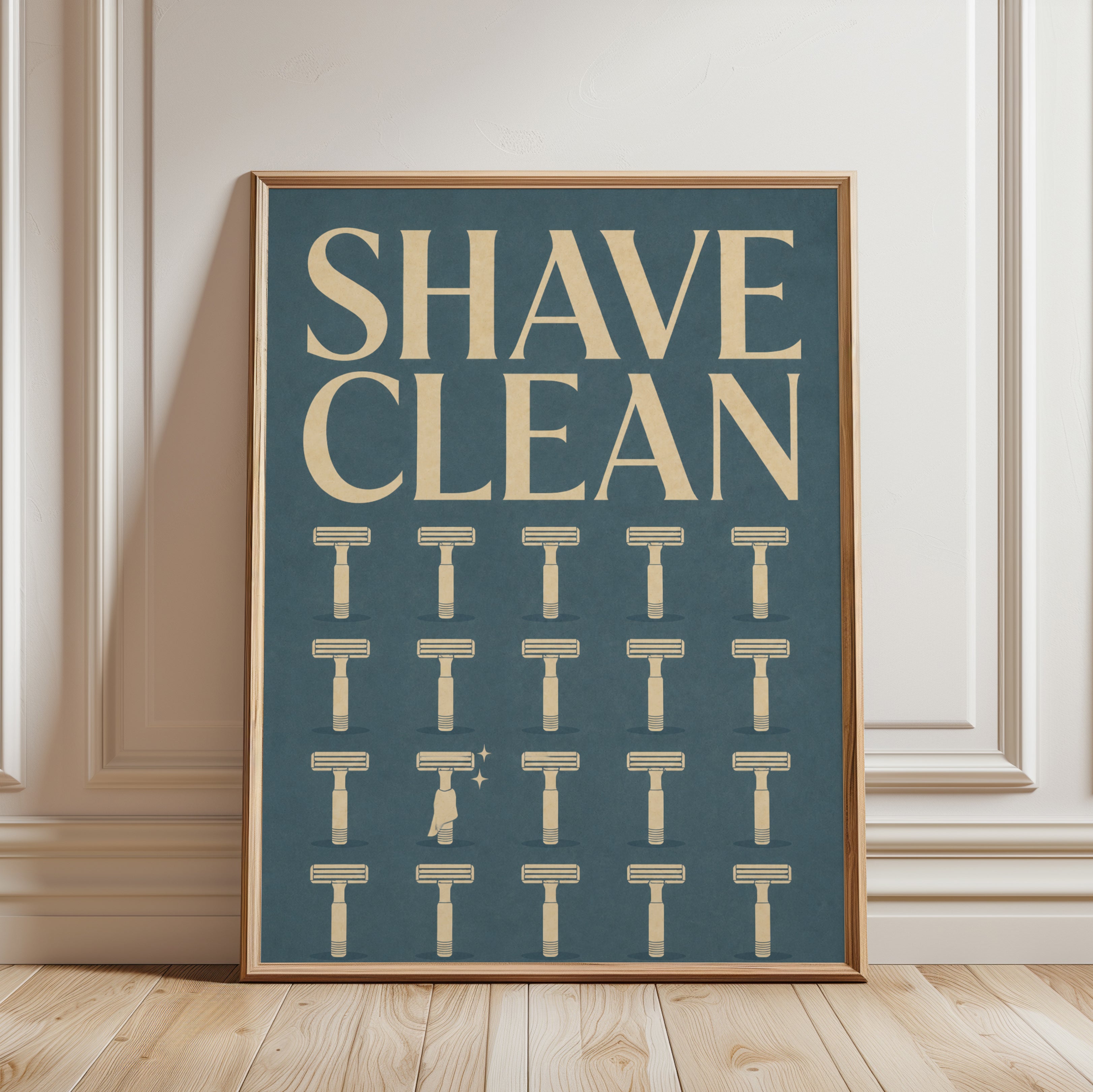 Shave Clean Vintage Poster: Retro Barber Shop Wall Art - framed detail