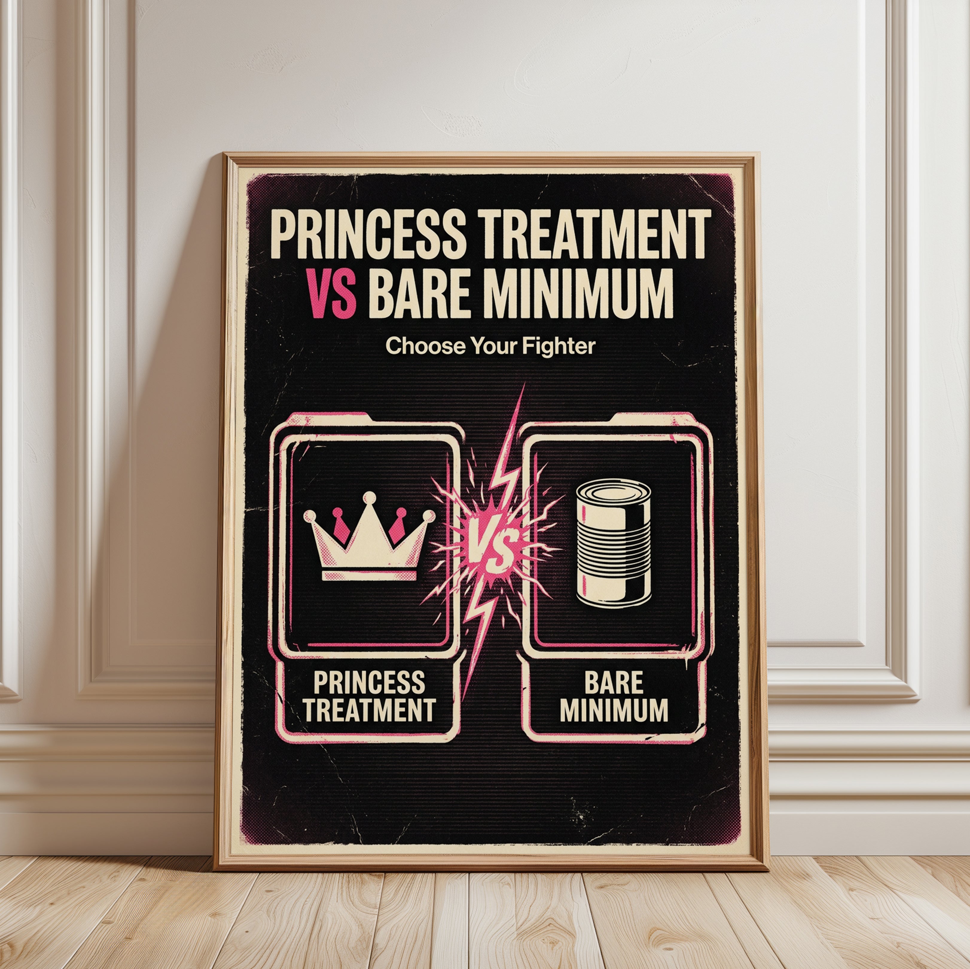 Princess Treatment vs Bare Minimum Poster: Retro Gaming Art Print - framed detail