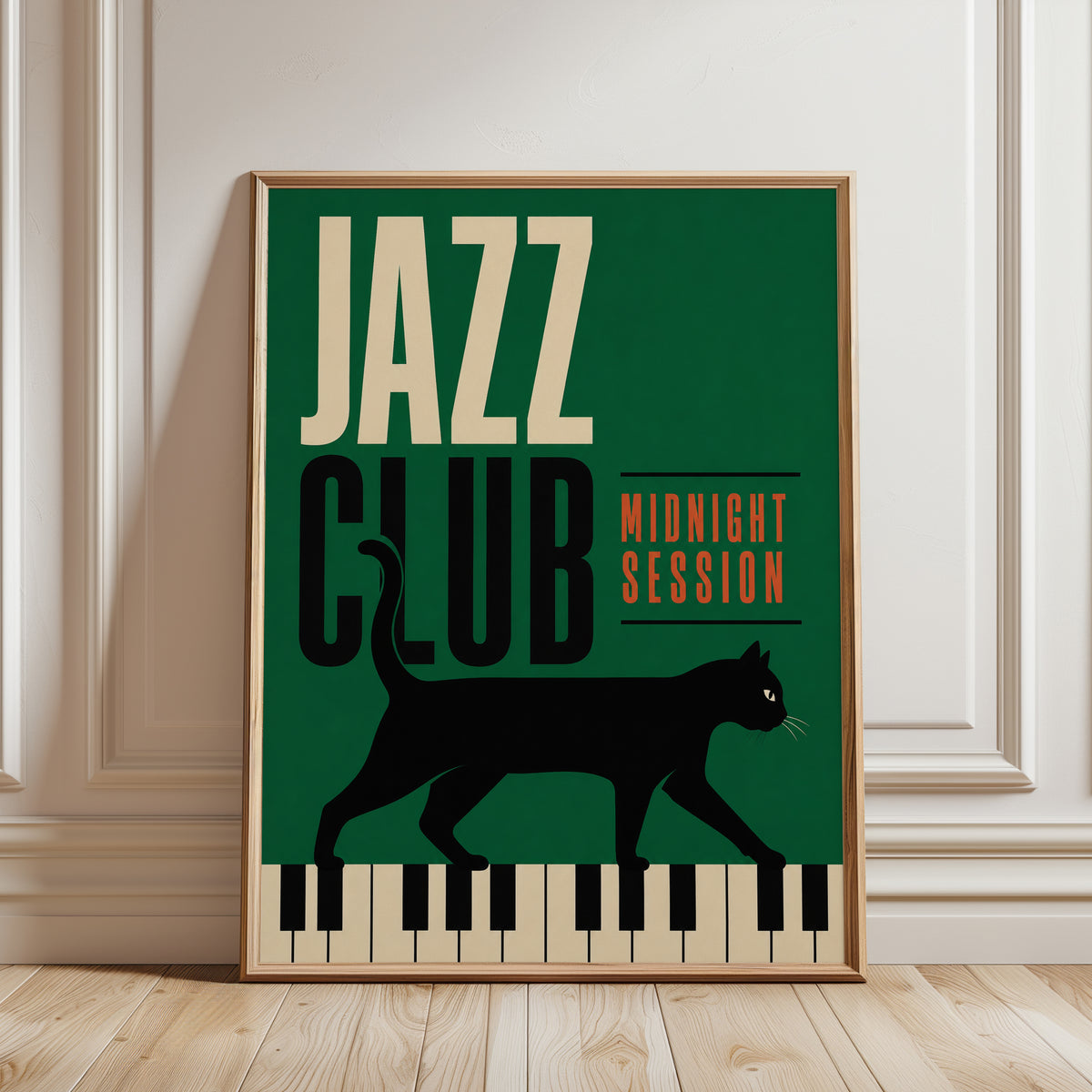 Jazz Club Wall Art: Vintage Black Cat and Piano Poster - framed detail