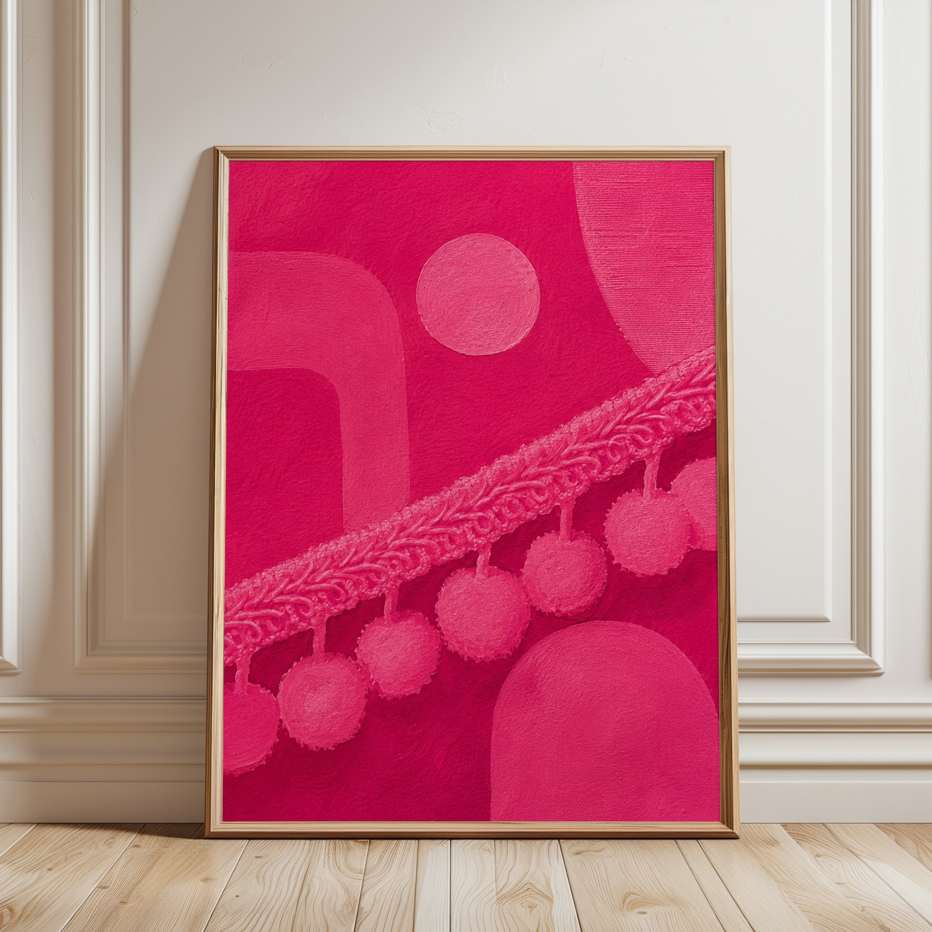 Hot Pink Textile Art Print: Abstract Geometric Composition - framed detail