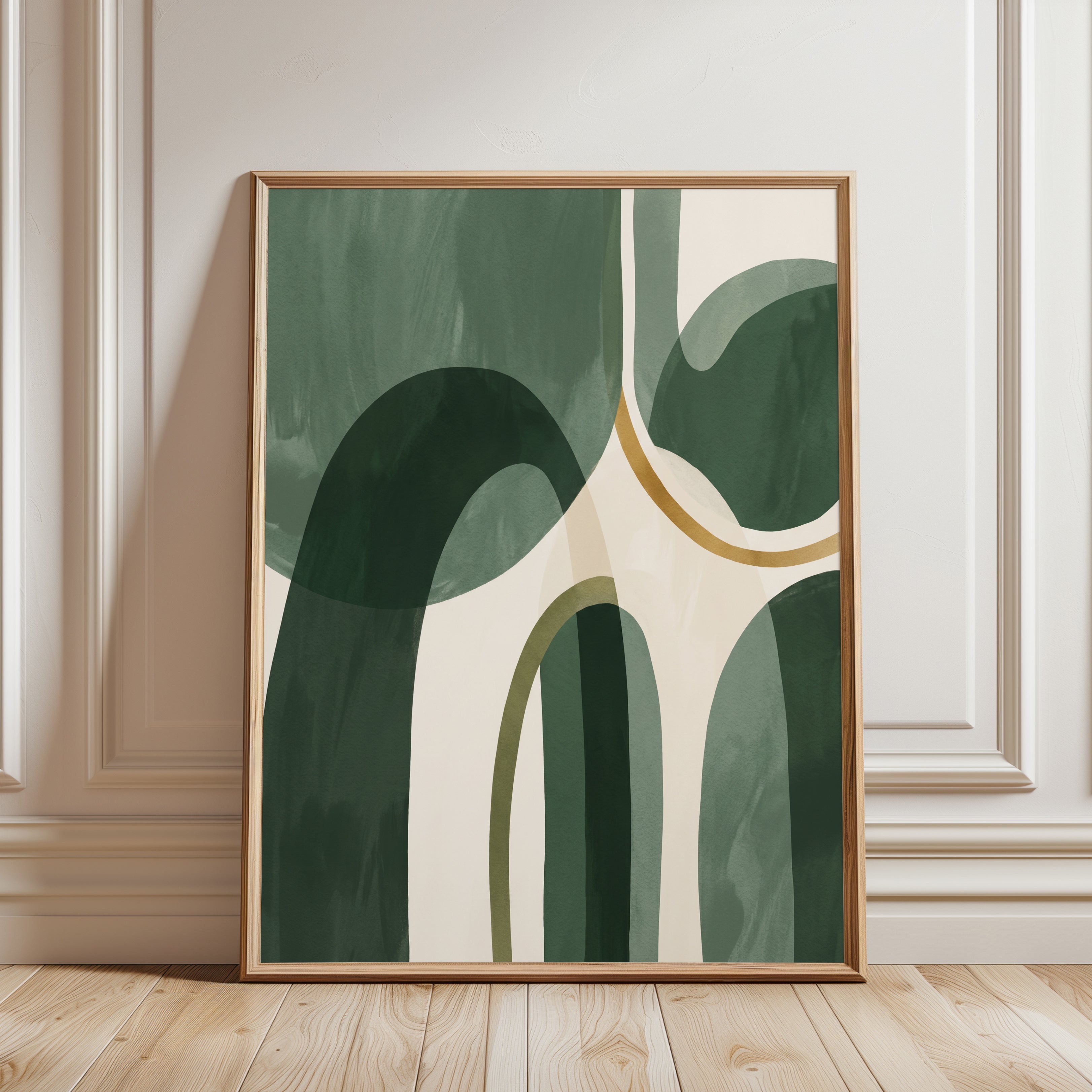 Mid-Century Modern Art Print: Green & Gold Organic Shapes - framed detail