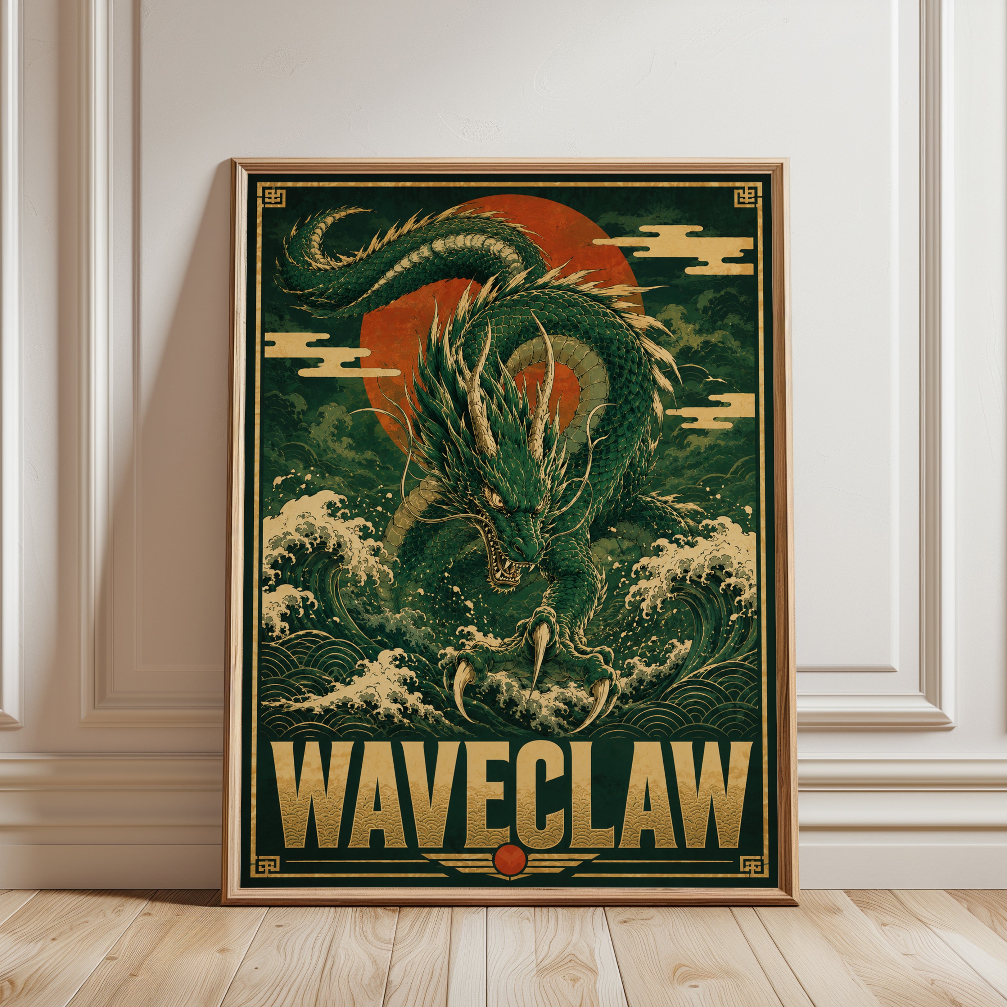 Japanese Dragon Art Print: Vintage Wave and Red Sun Design - framed detail