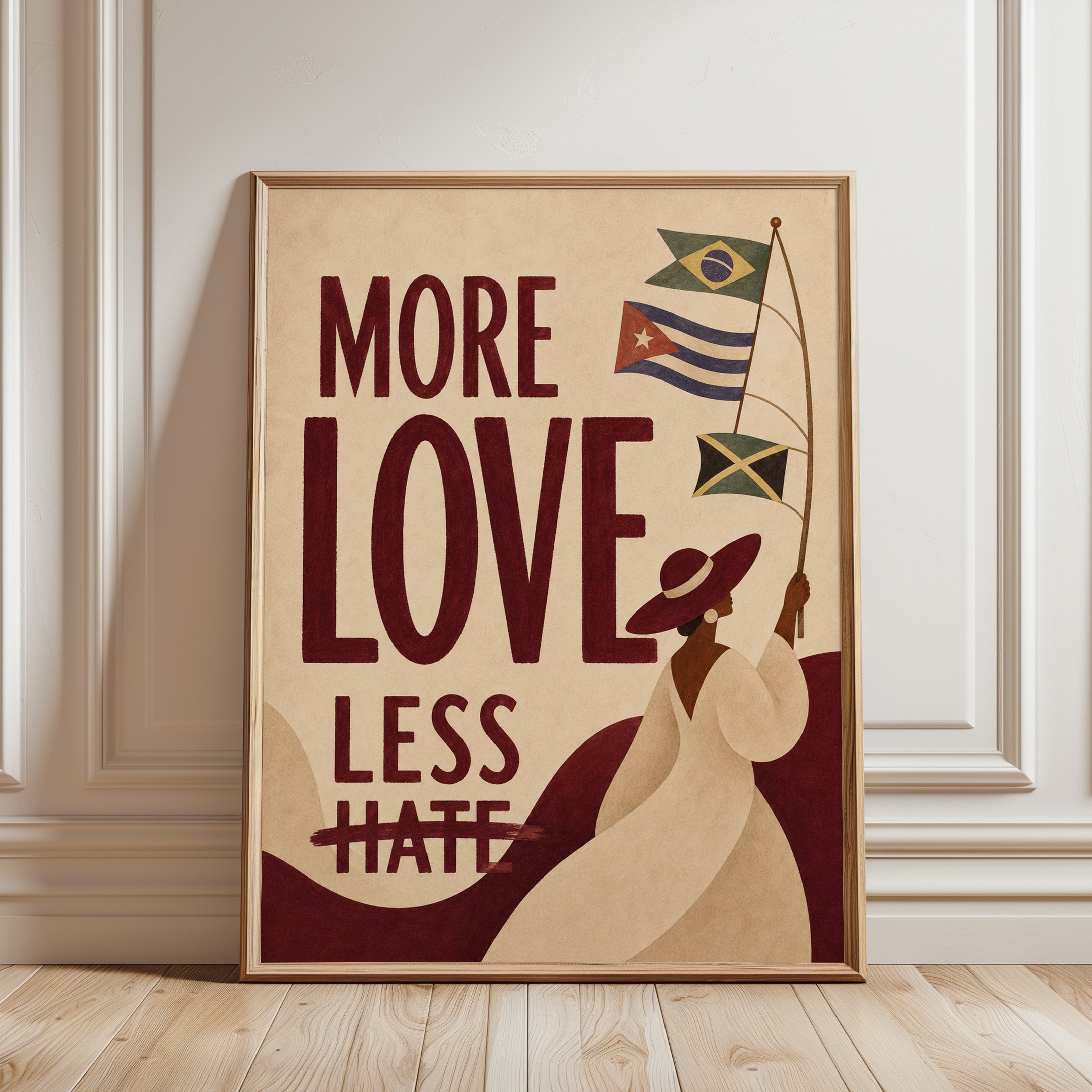 More Love Less Hate Poster: Vintage Latin American Unity Art Print - framed detail