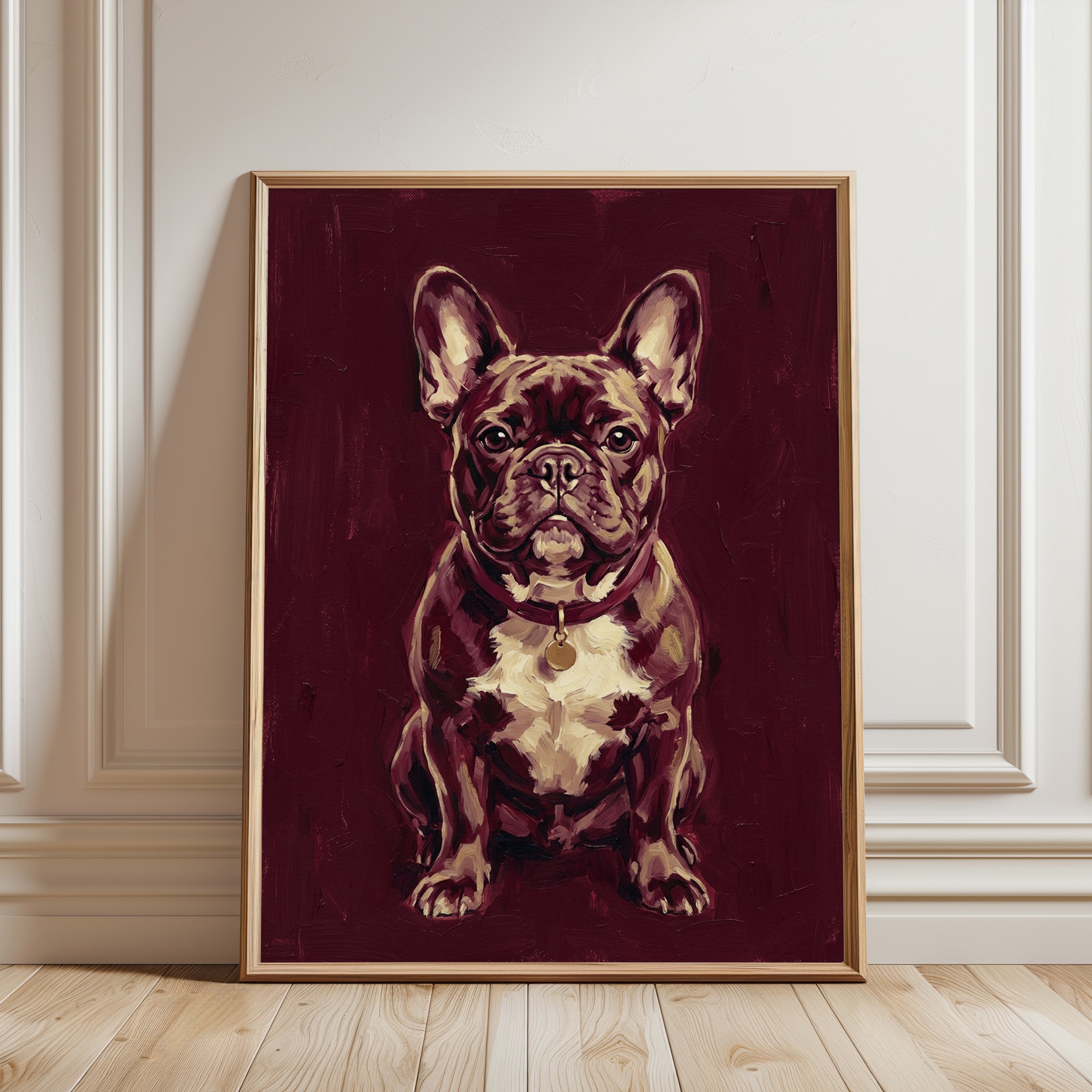 French Bulldog Portrait Art Print: Burgundy Dog Wall Art - framed detail