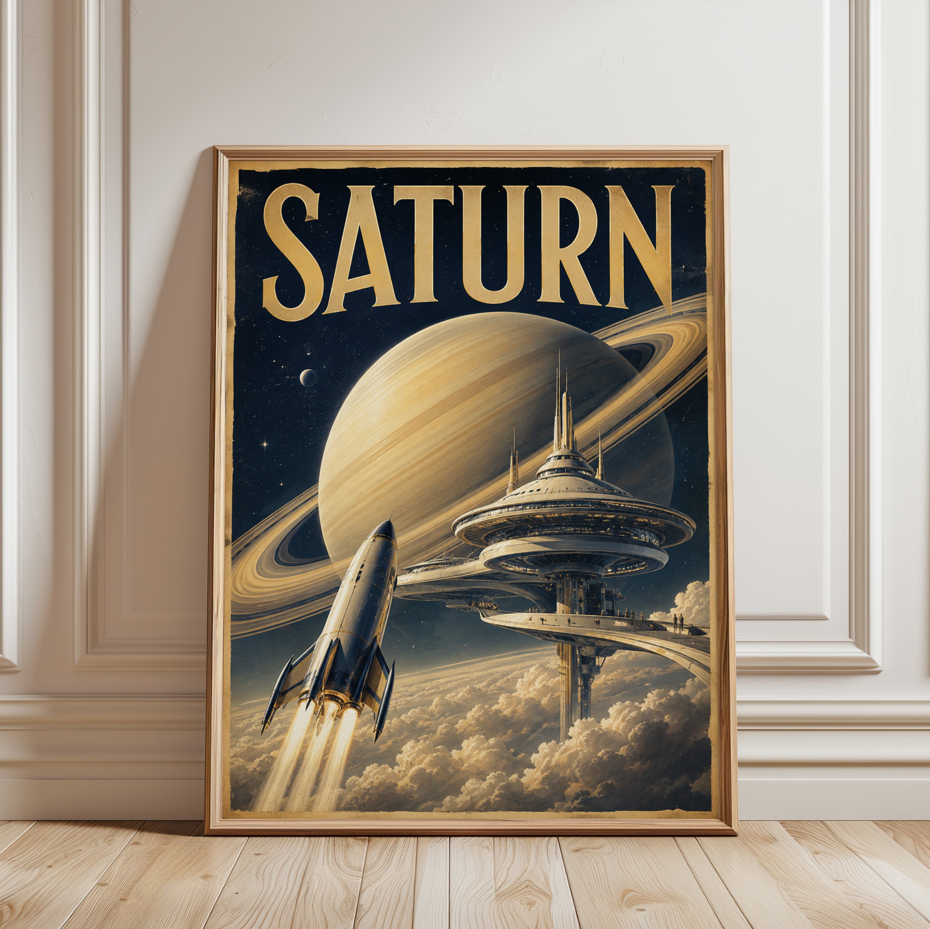 Retro Space Poster – Saturn Travel Print - framed detail
