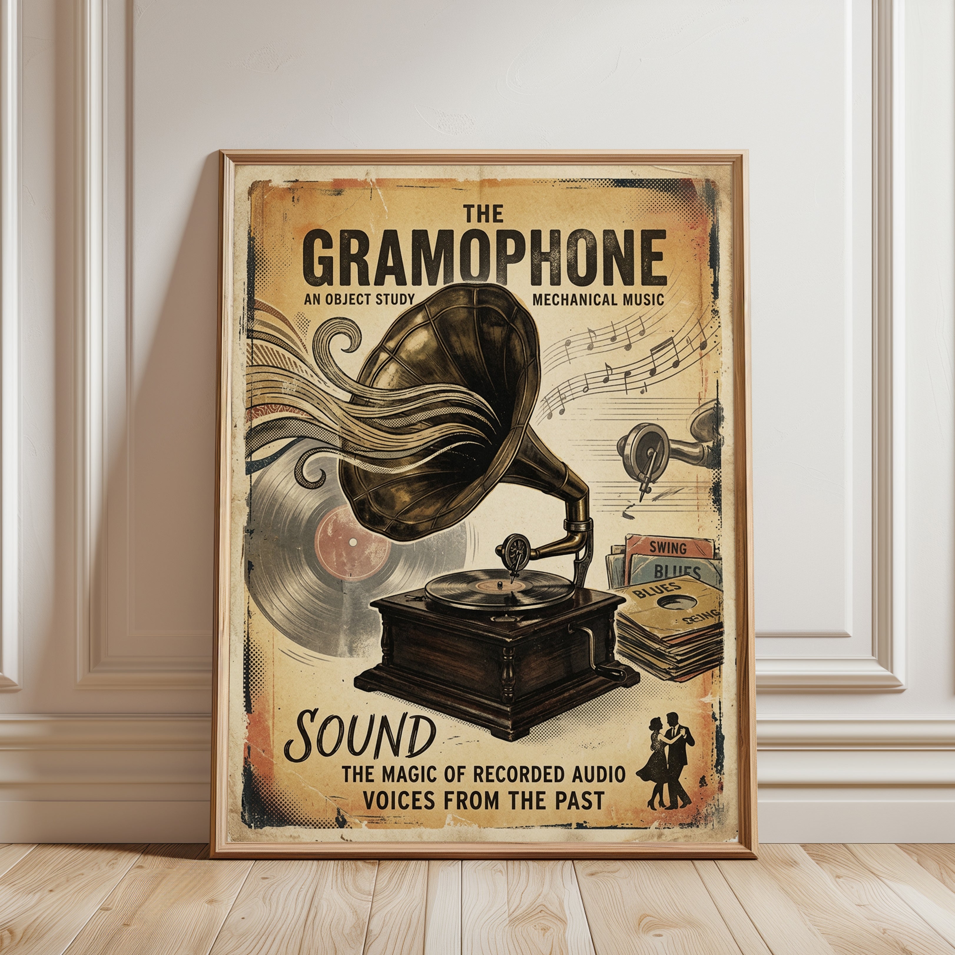 Vintage Gramophone Poster: Retro Music Mechanical Art Print - framed detail