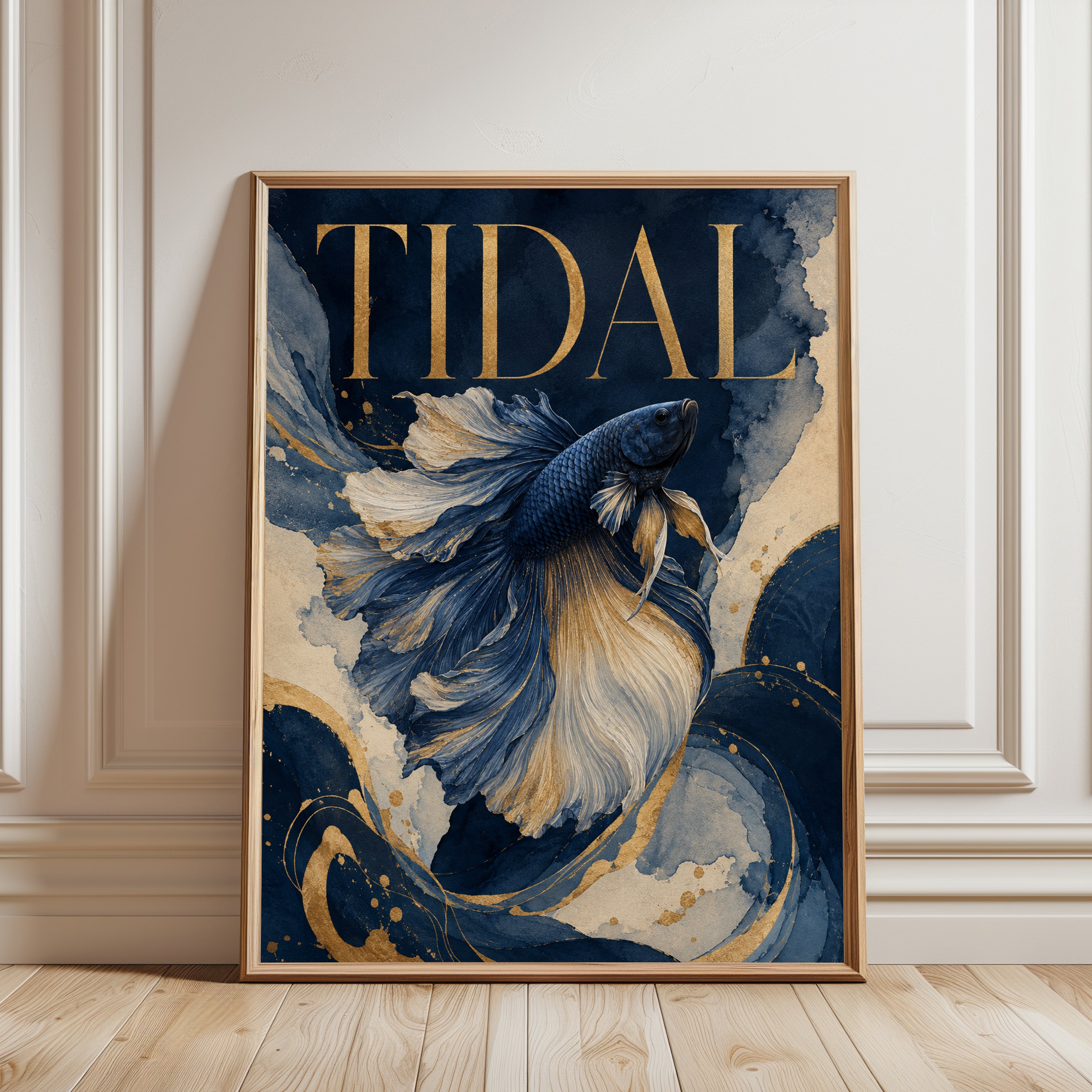Tidal Betta Fish Art Print: Navy Blue and Gold Watercolor Design - framed detail