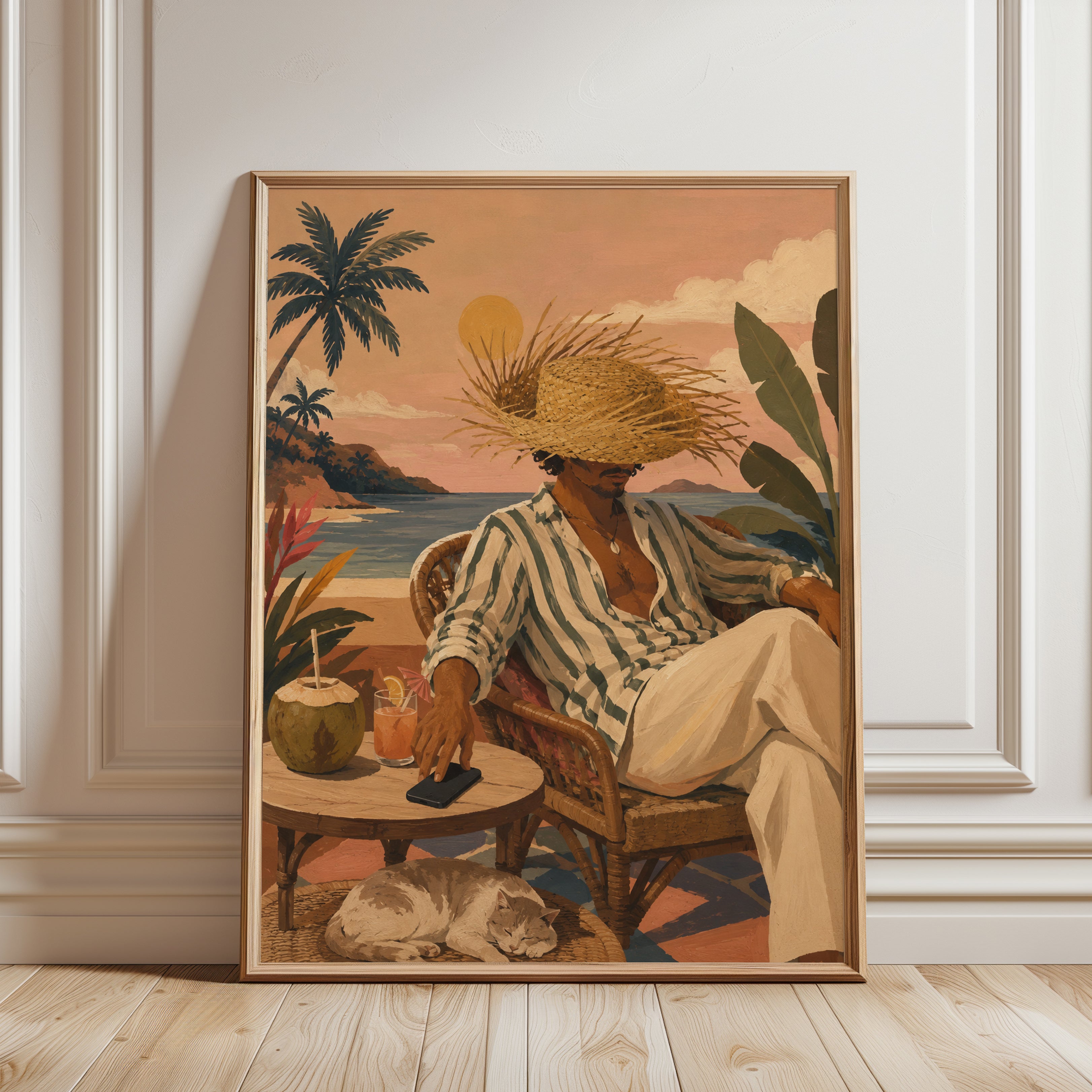 Tropical Coastal Leisure Art Print: Vintage Beach Scene - framed detail