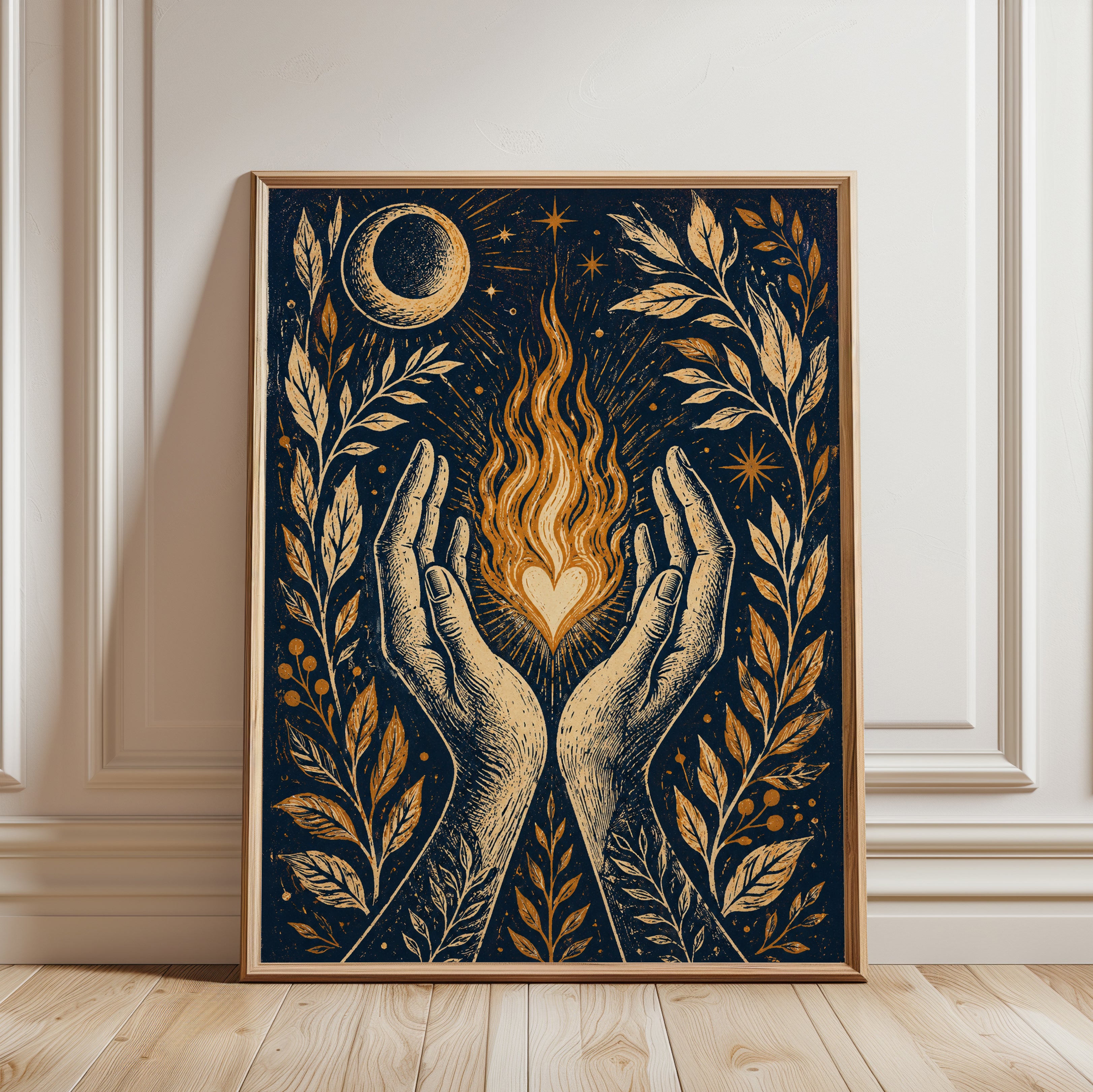 Celestial Hands Print — Mystical Flaming Heart - framed detail