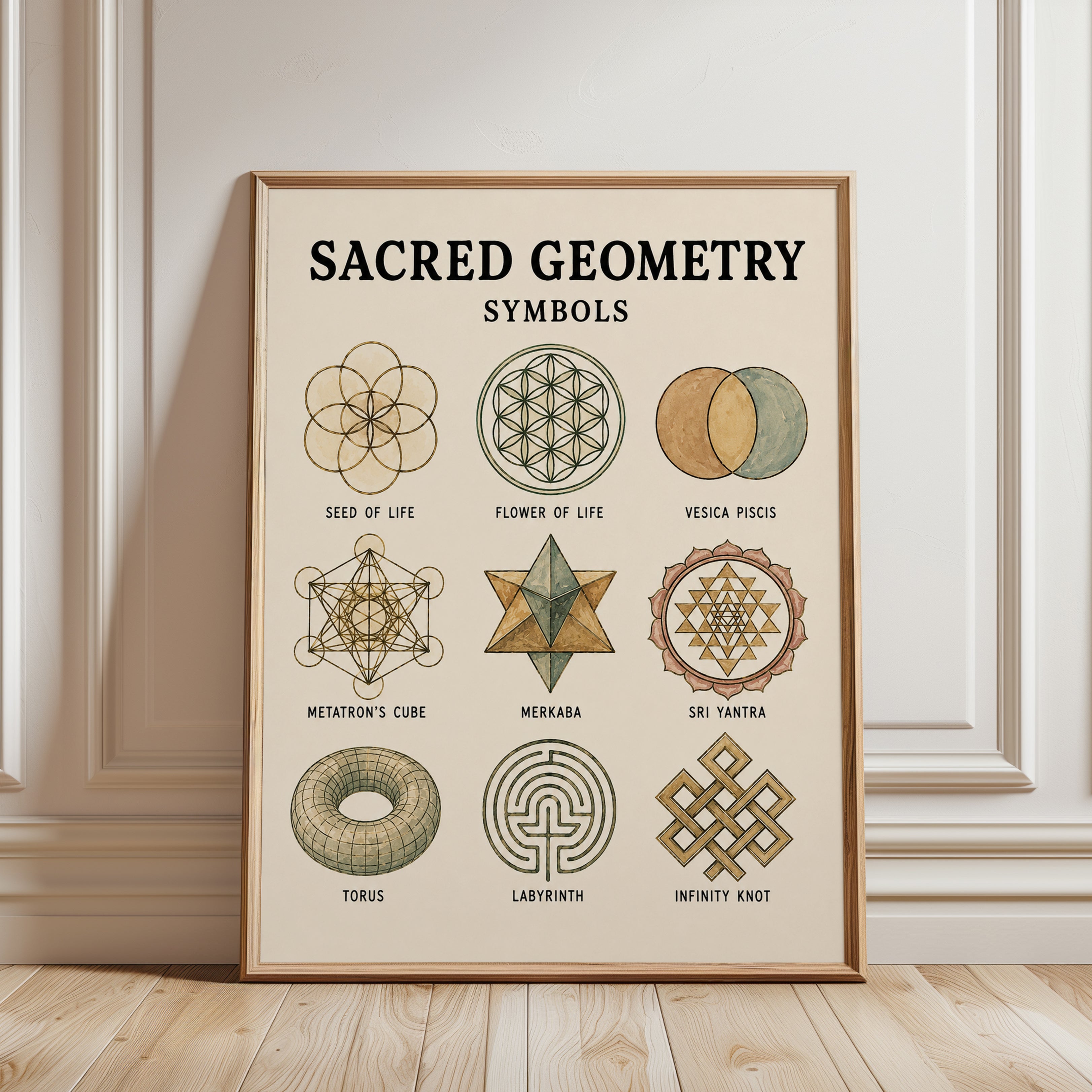 Sacred Geometry Print — Educational Symbols Chart - framed detail