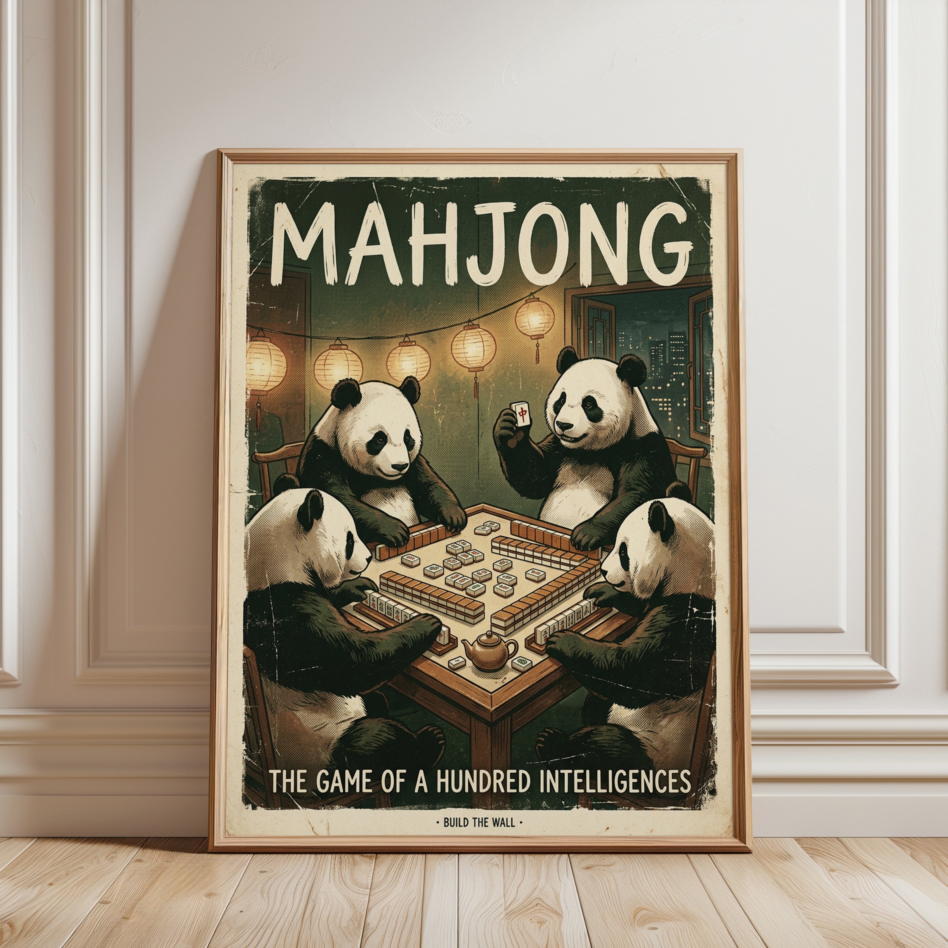 Mahjong Pandas Vintage Poster: Retro Game Room Wall Art - framed detail