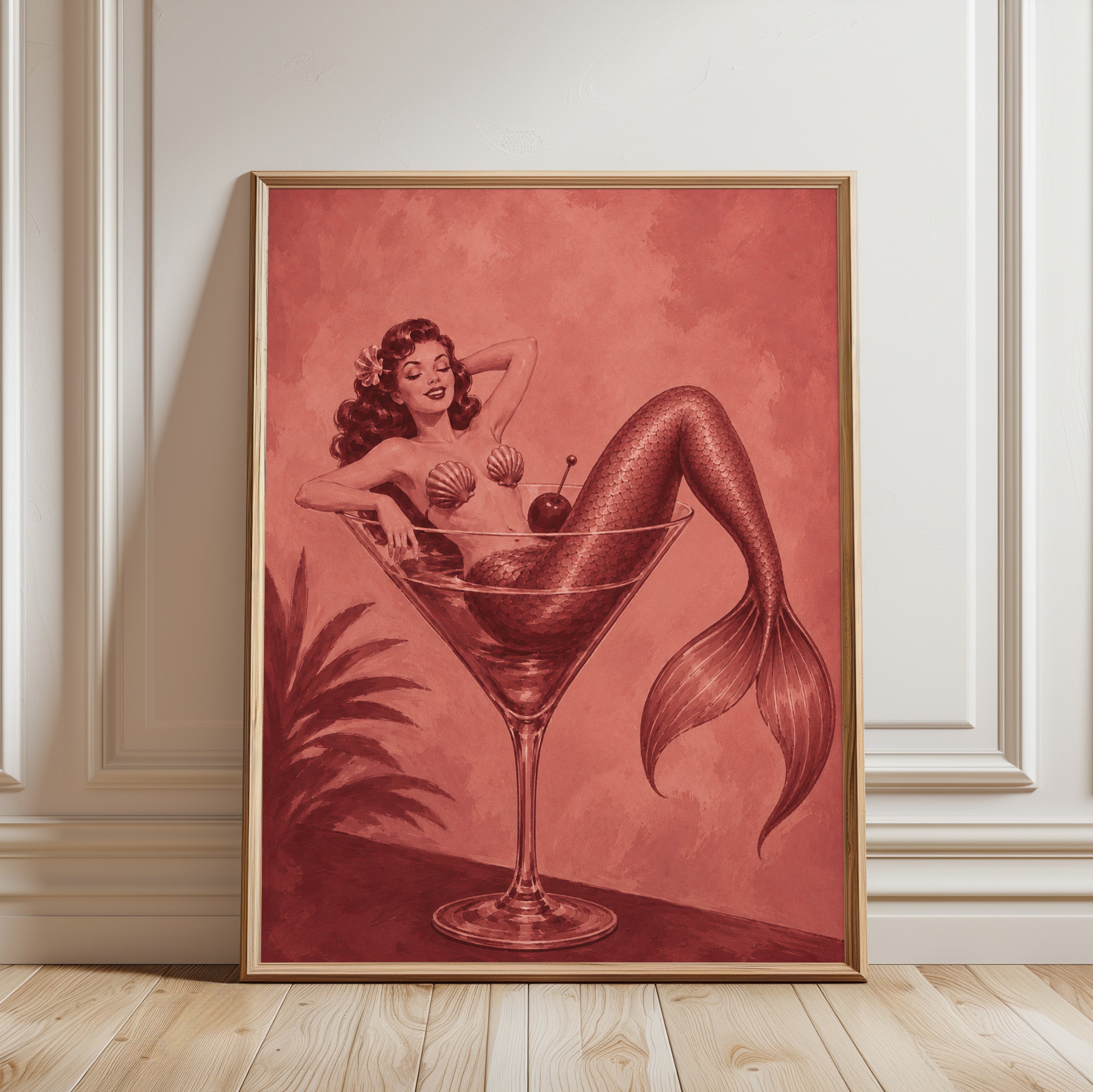 Mermaid Cocktail Wall Art – Vintage Pin Up Print - framed detail