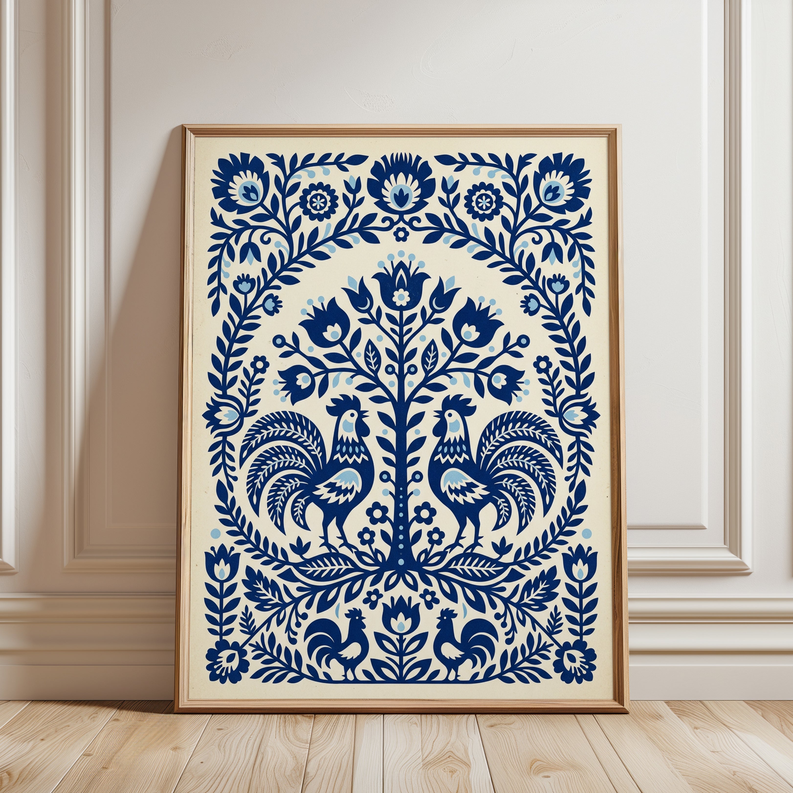 Folk Art Rooster Print — Scandinavian Blue Floral Symmetry - framed detail