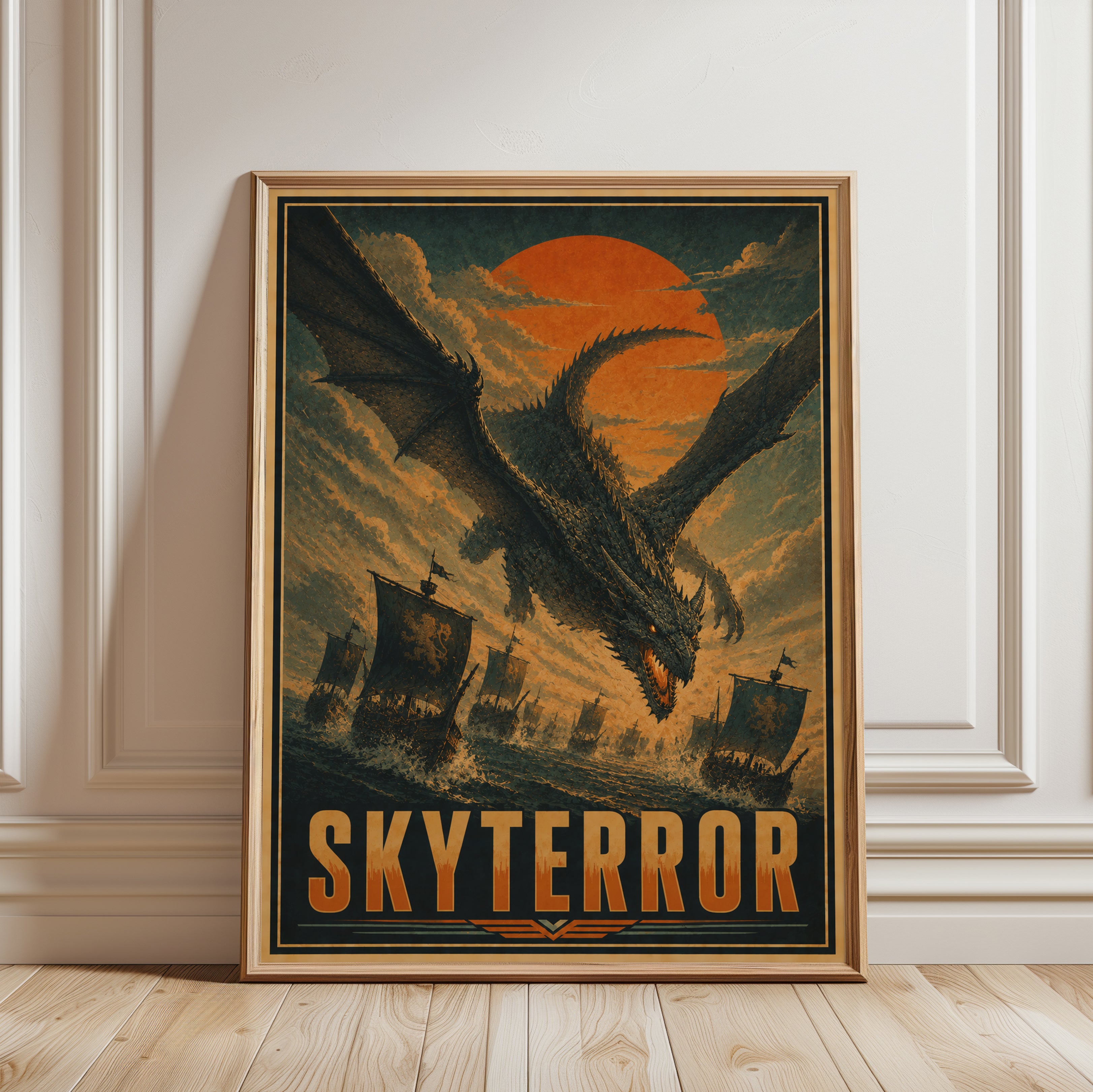 Dragon Attack Viking Ships Poster: Vintage Fantasy Wall Art - framed detail