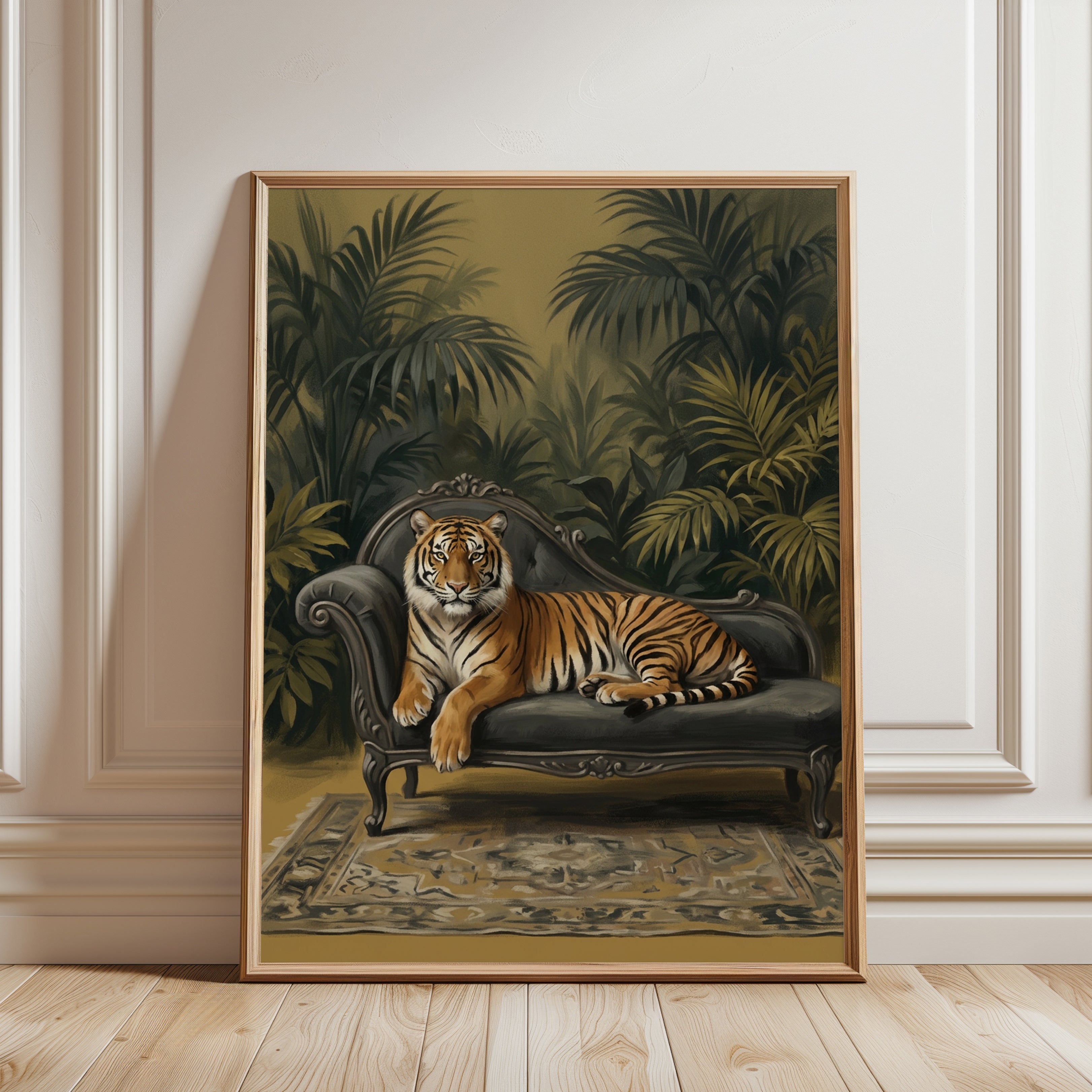Tiger on Chaise Lounge Art Print: Tropical Palm Jungle Decor - framed detail