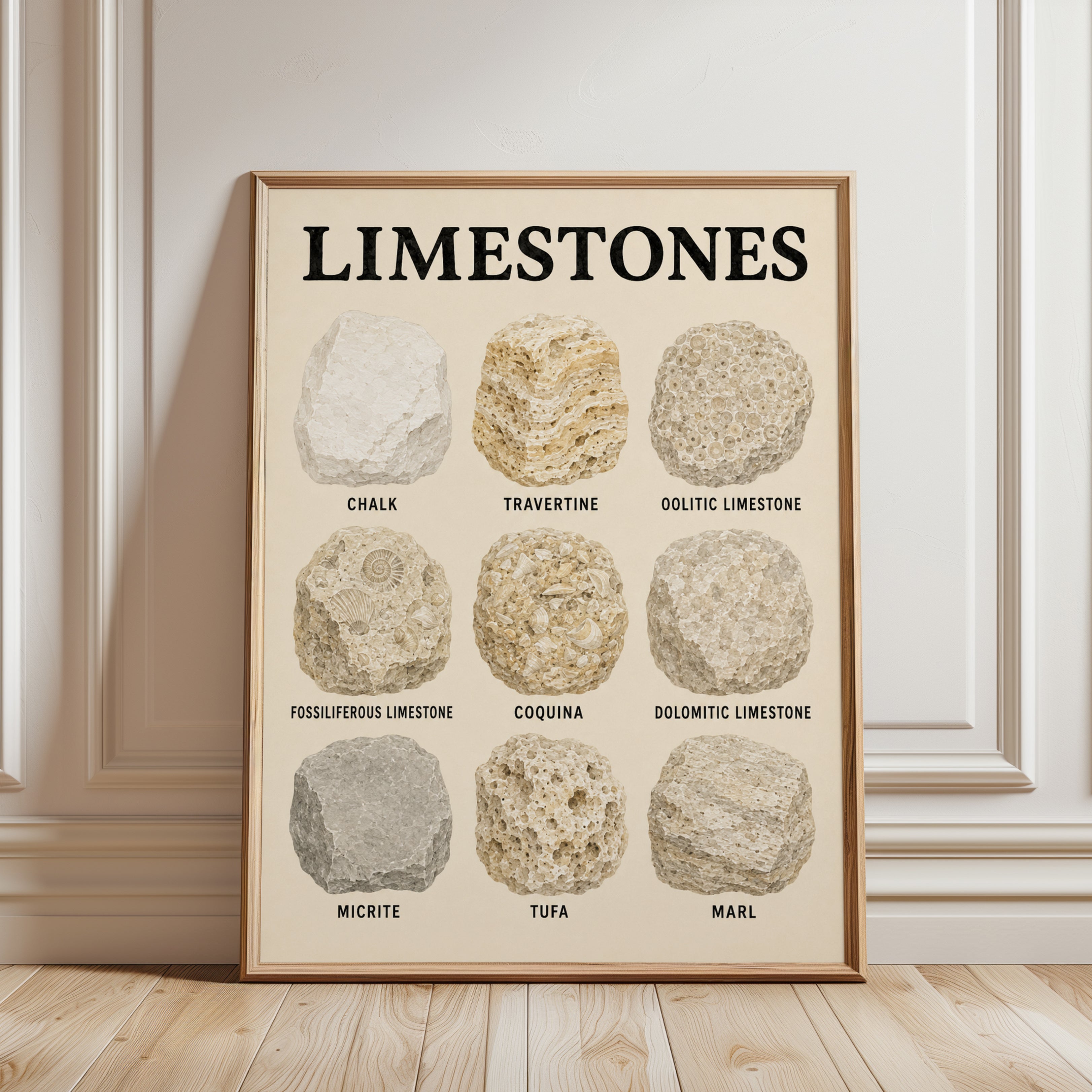 Limestone Educational Poster — Geology Chart of Rock Types - framed detail