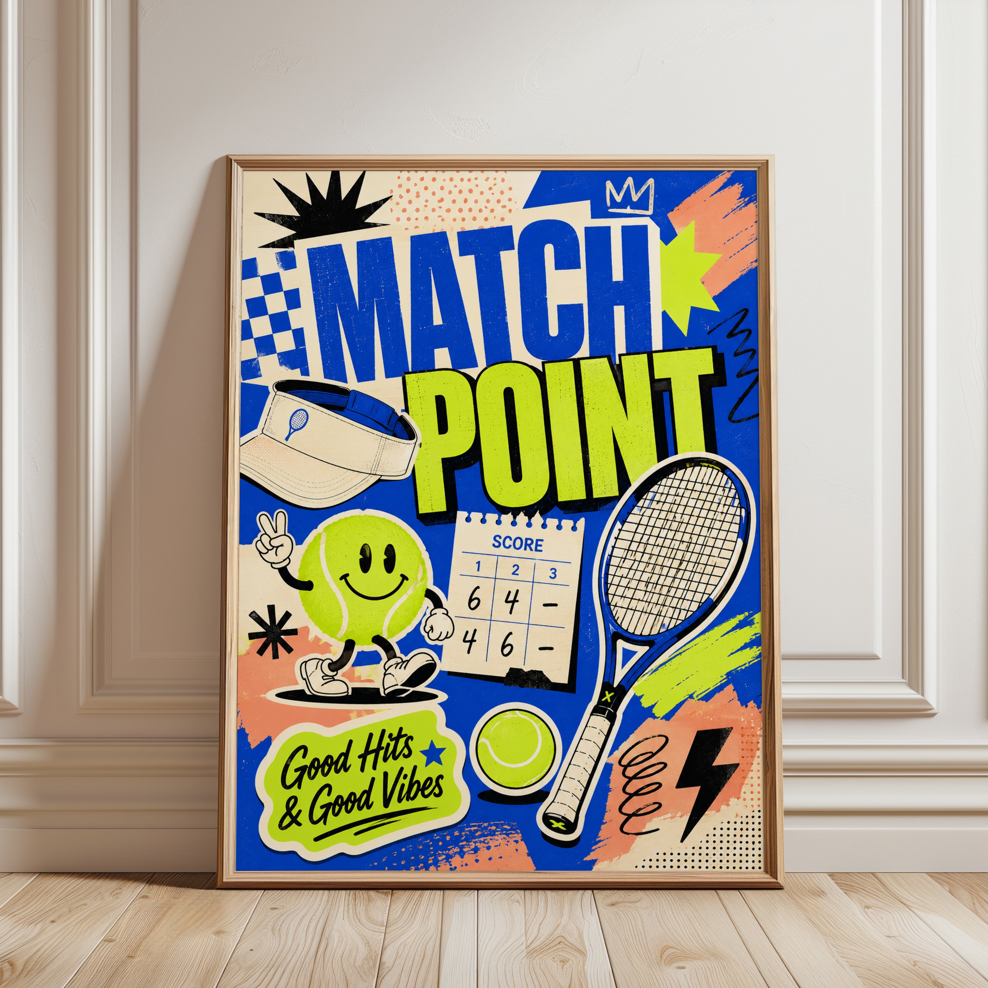 Match Point Tennis Print: Sports Wall Art (Neon Blue & Yellow) - framed detail