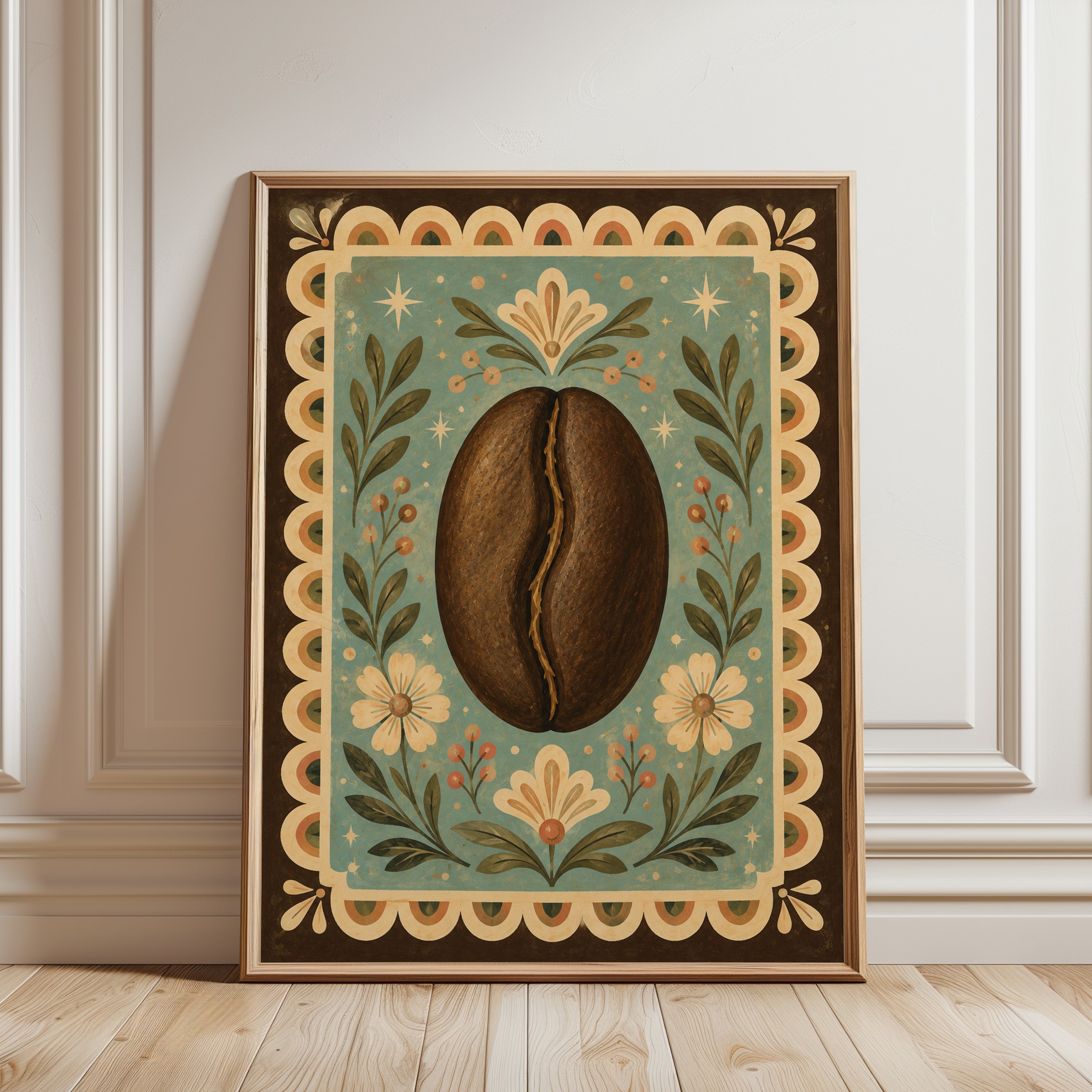 Coffee Bean Wall Art – Folk Art Kitchen Print - framed detail
