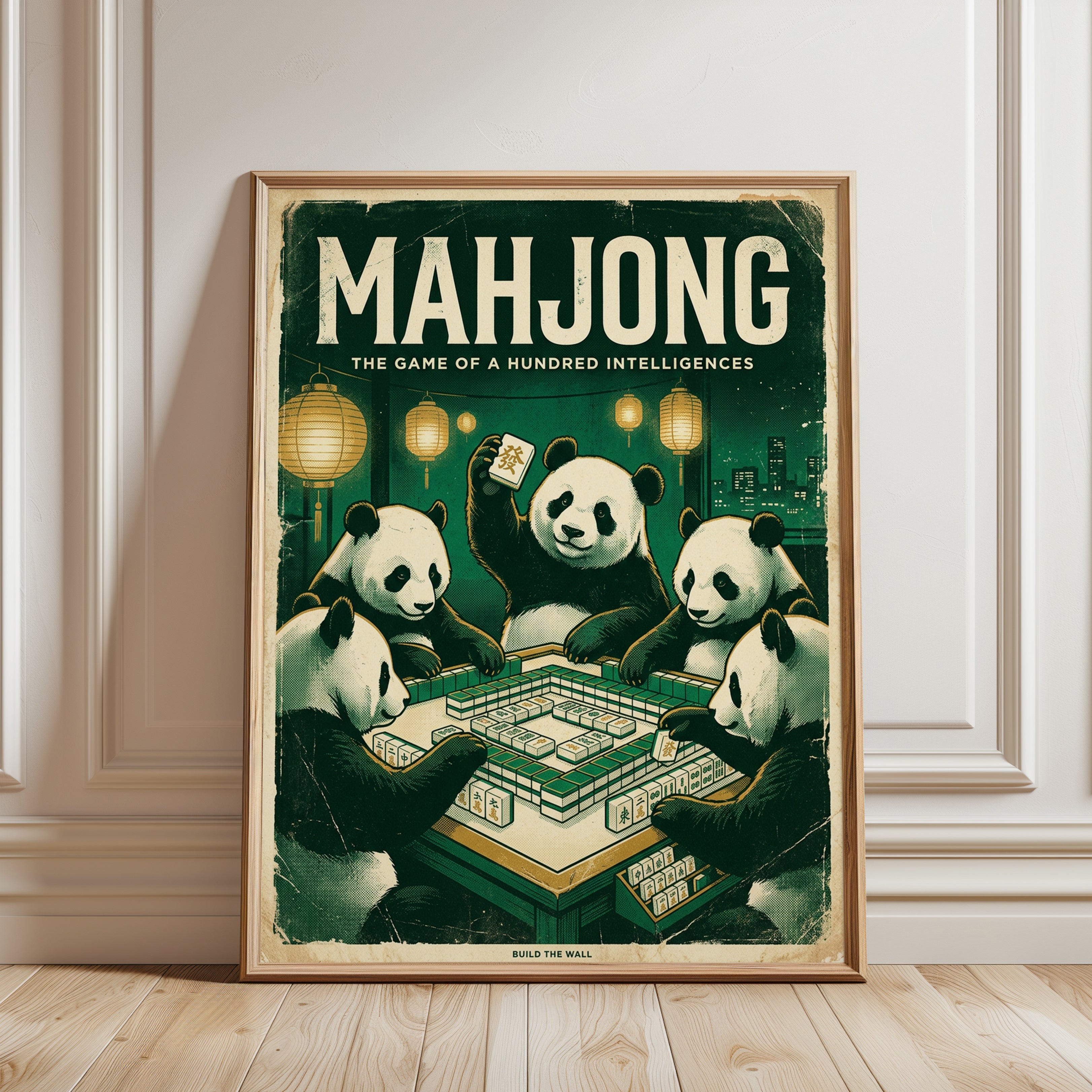 Mahjong Pandas Poster: Vintage Game Night Art Print - framed detail