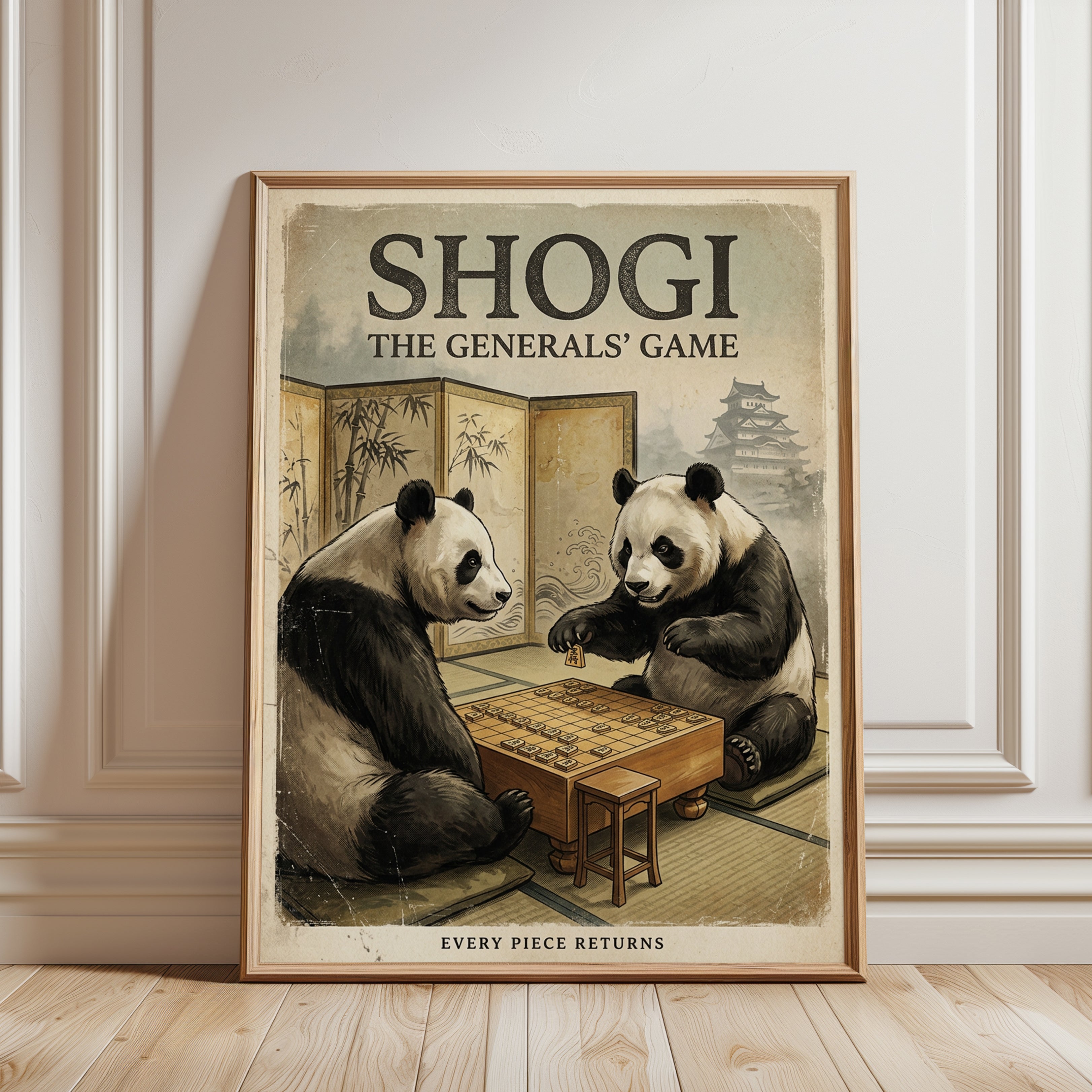Shogi Game Vintage Poster — Japanese Pandas Playing Strategy Board - framed detail