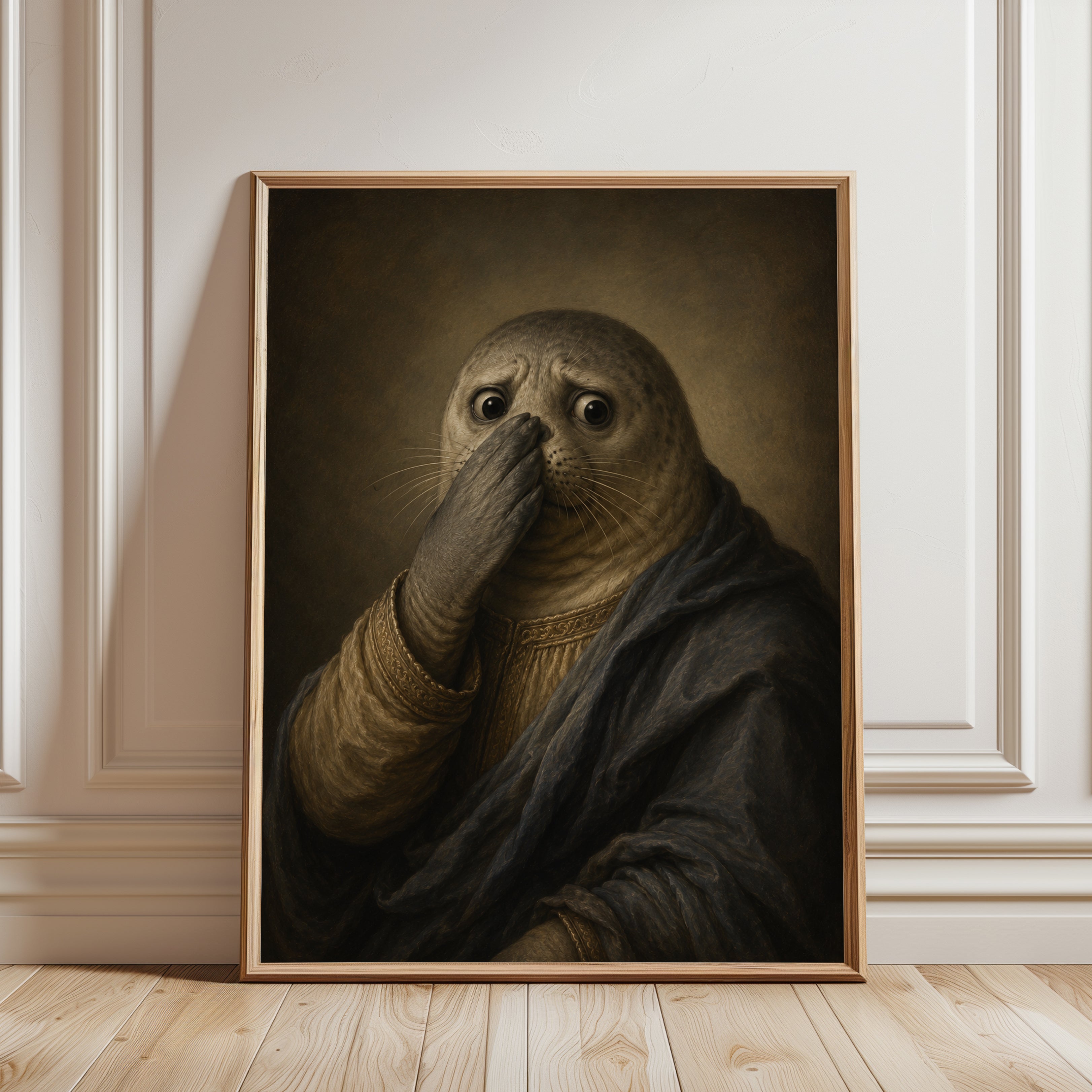 Funny Bathroom Poster Seal Portrait Print: Classical Renaissance - framed detail