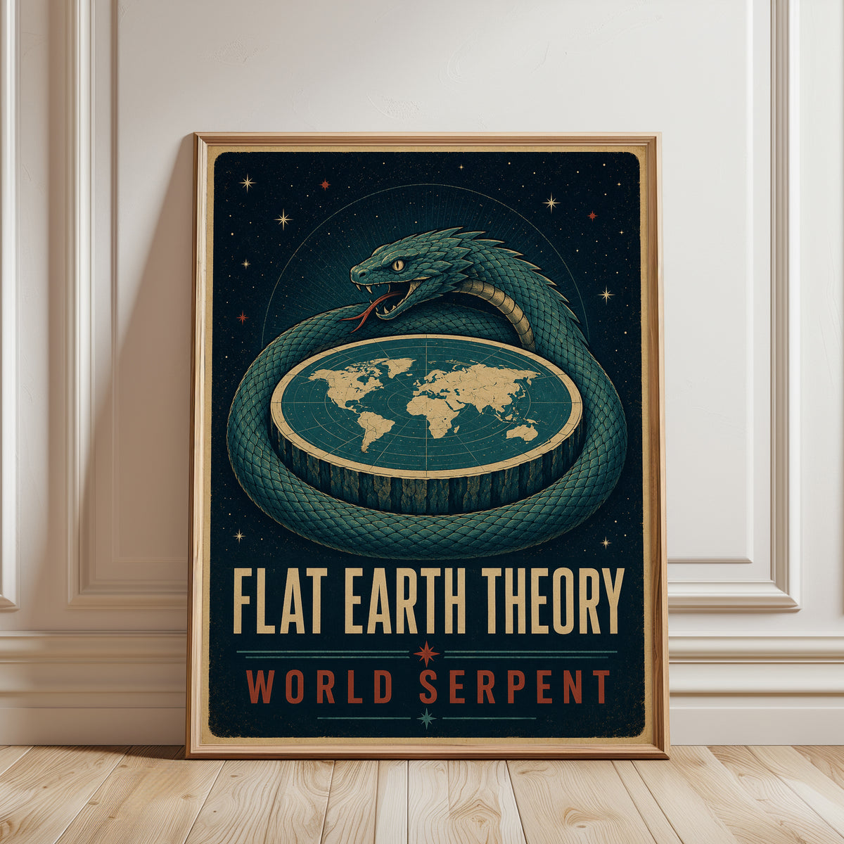 Vintage Flat Earth Serpent Poster - framed detail