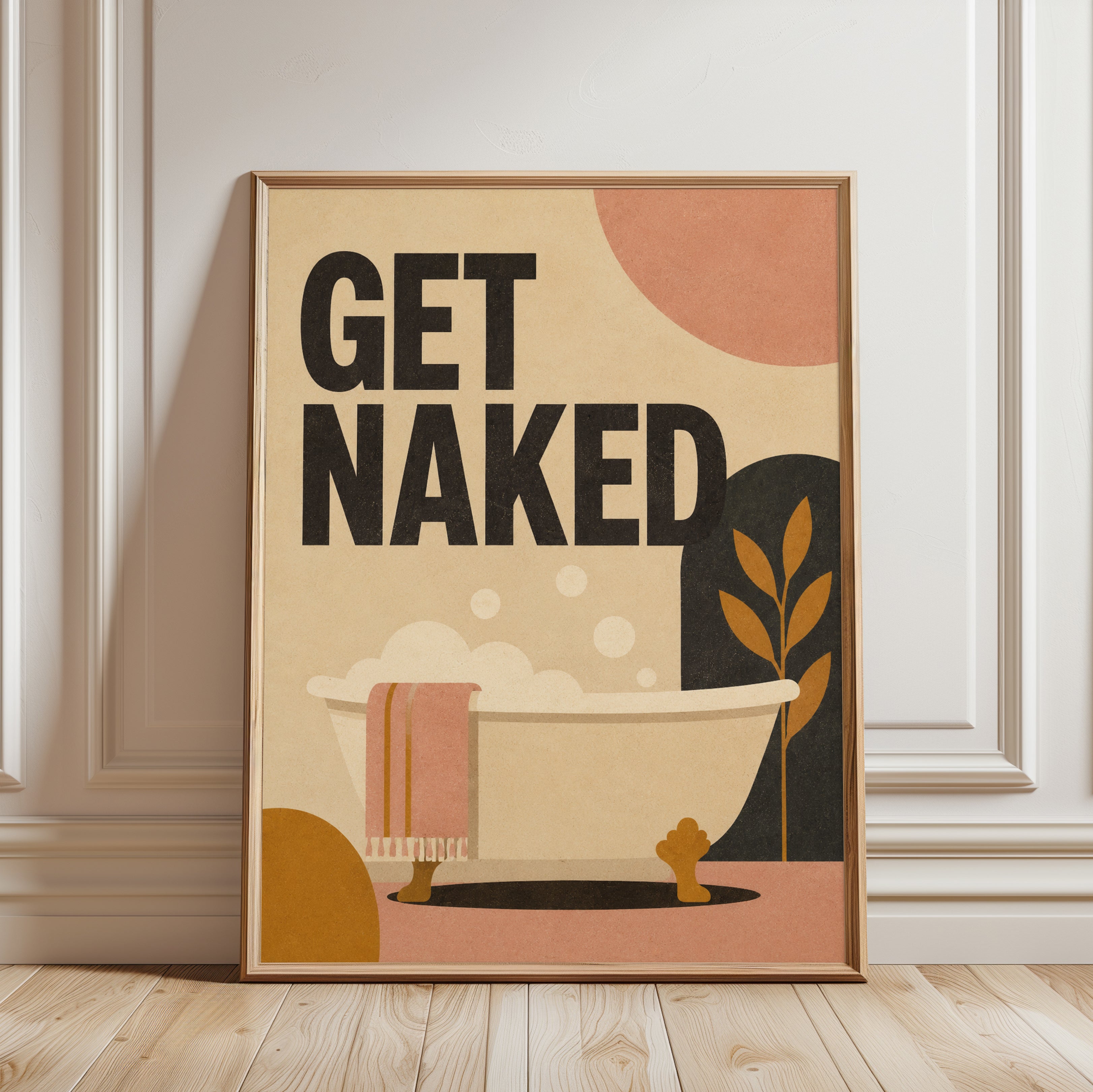 Get Naked Bathroom Print: Retro Mid-Century Bathtub Art (Unframed) - framed detail