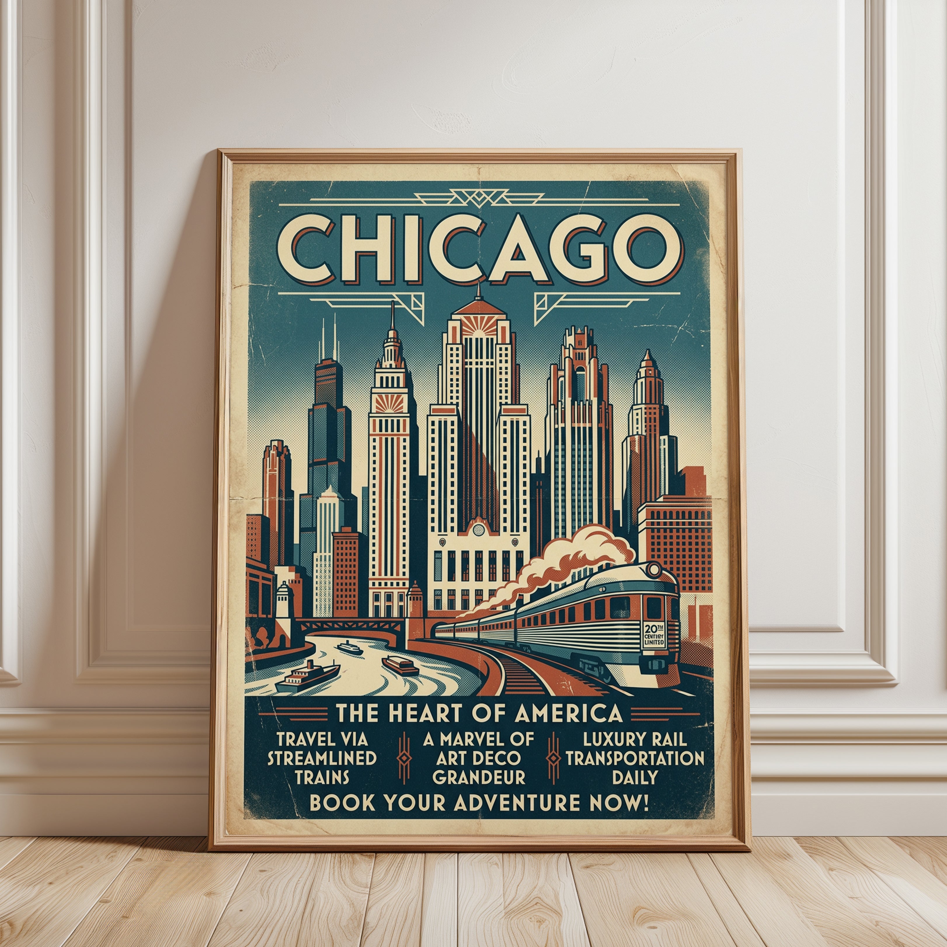 Chicago Art Deco Travel Poster — Vintage Railway Print - framed detail