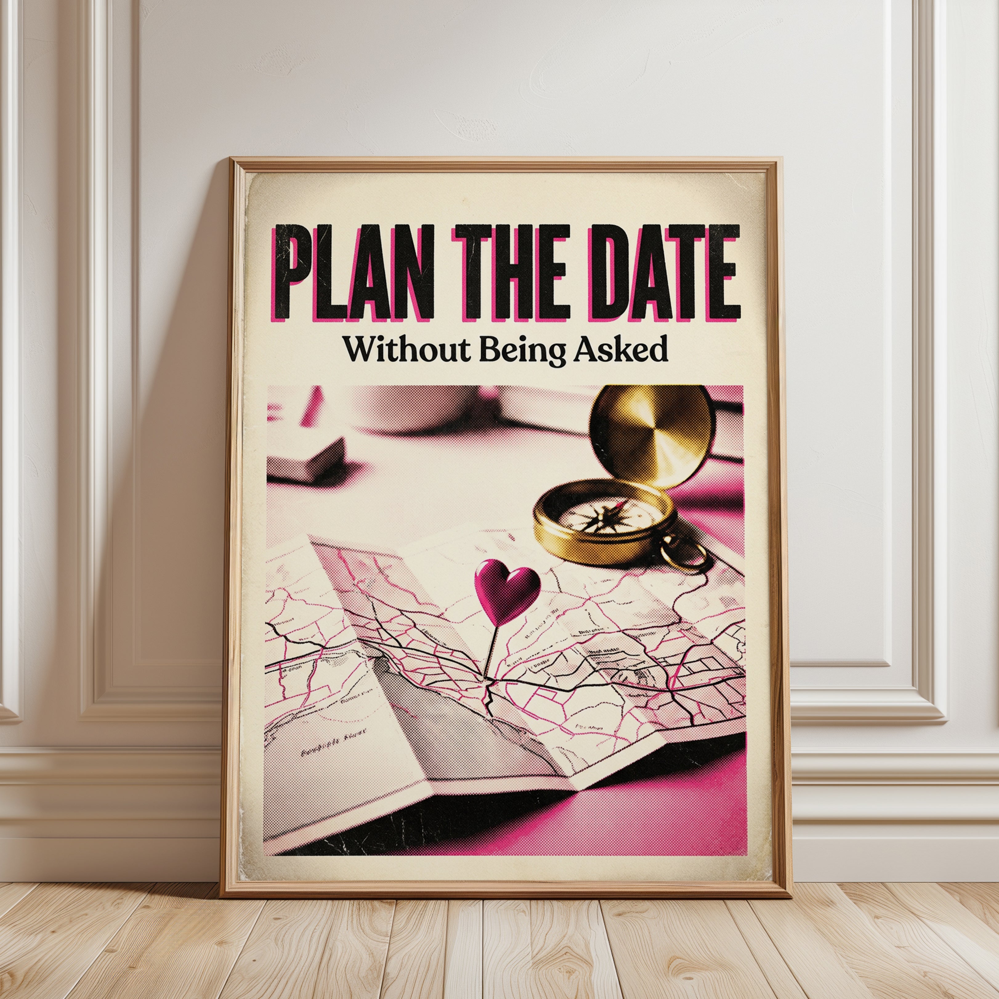 Plan the Date Retro Romance Poster: Pink Typography Wall Art - framed detail
