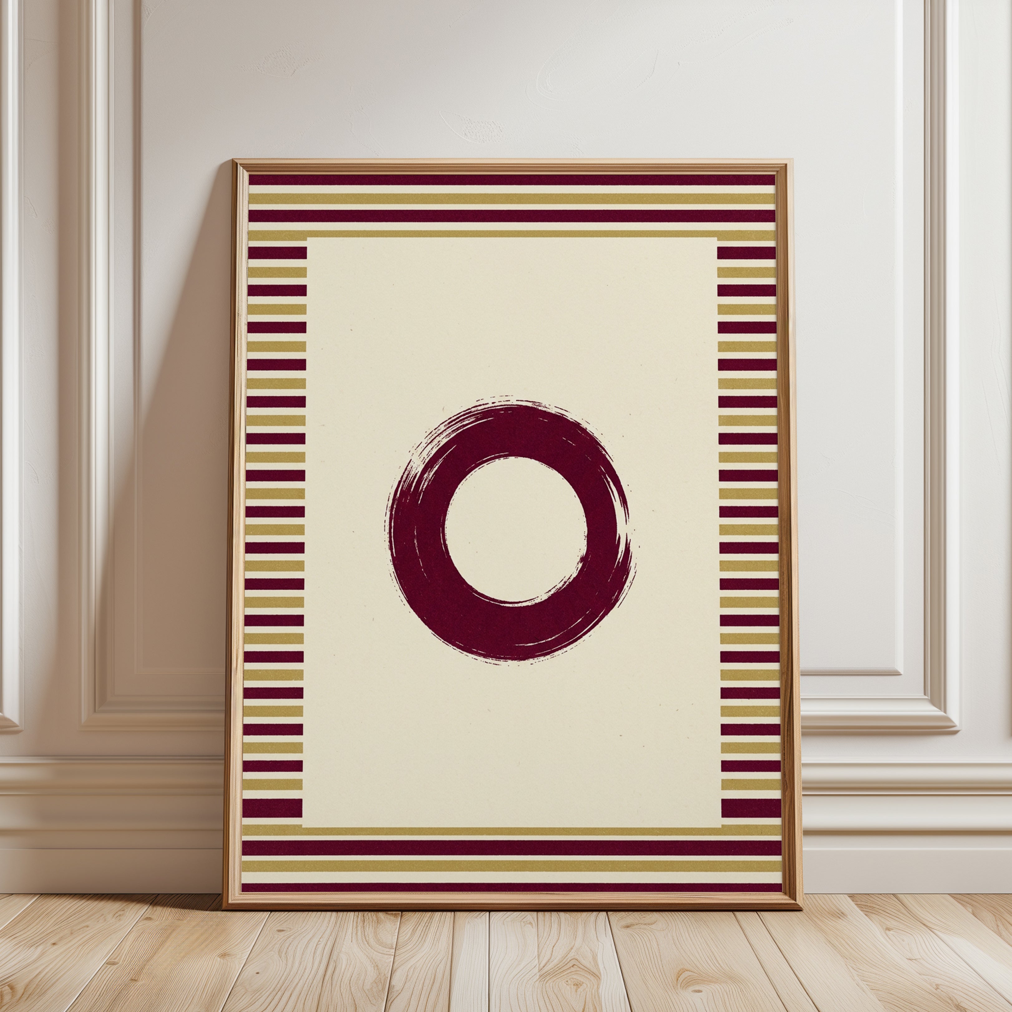 Zen Circle Enso Print: Burgundy and Gold Striped Border Art - framed detail
